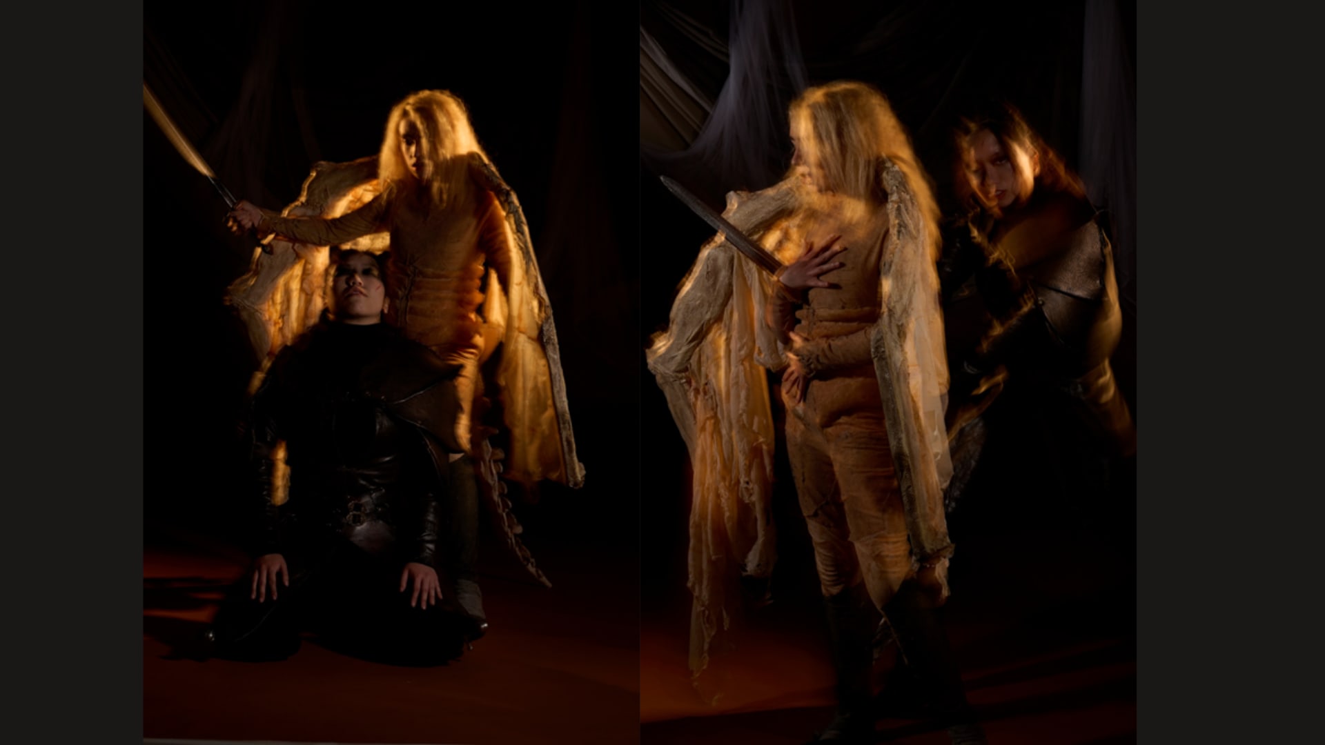 A dramatic theatrical scene with visenya s wielding swords over Alessa now at her mercy  lit by warm golden stage lighting.