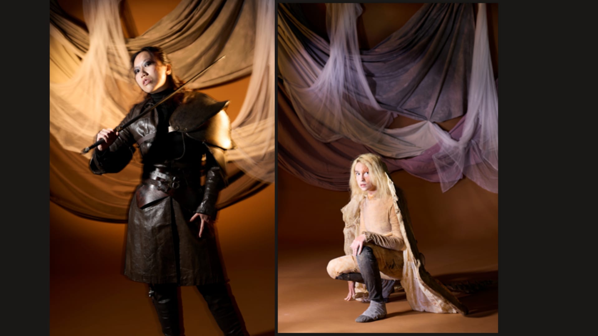 Both characters are brightly backlit—Alessa stands confidently holding her sword, while Visenya crouches in the second image  her.