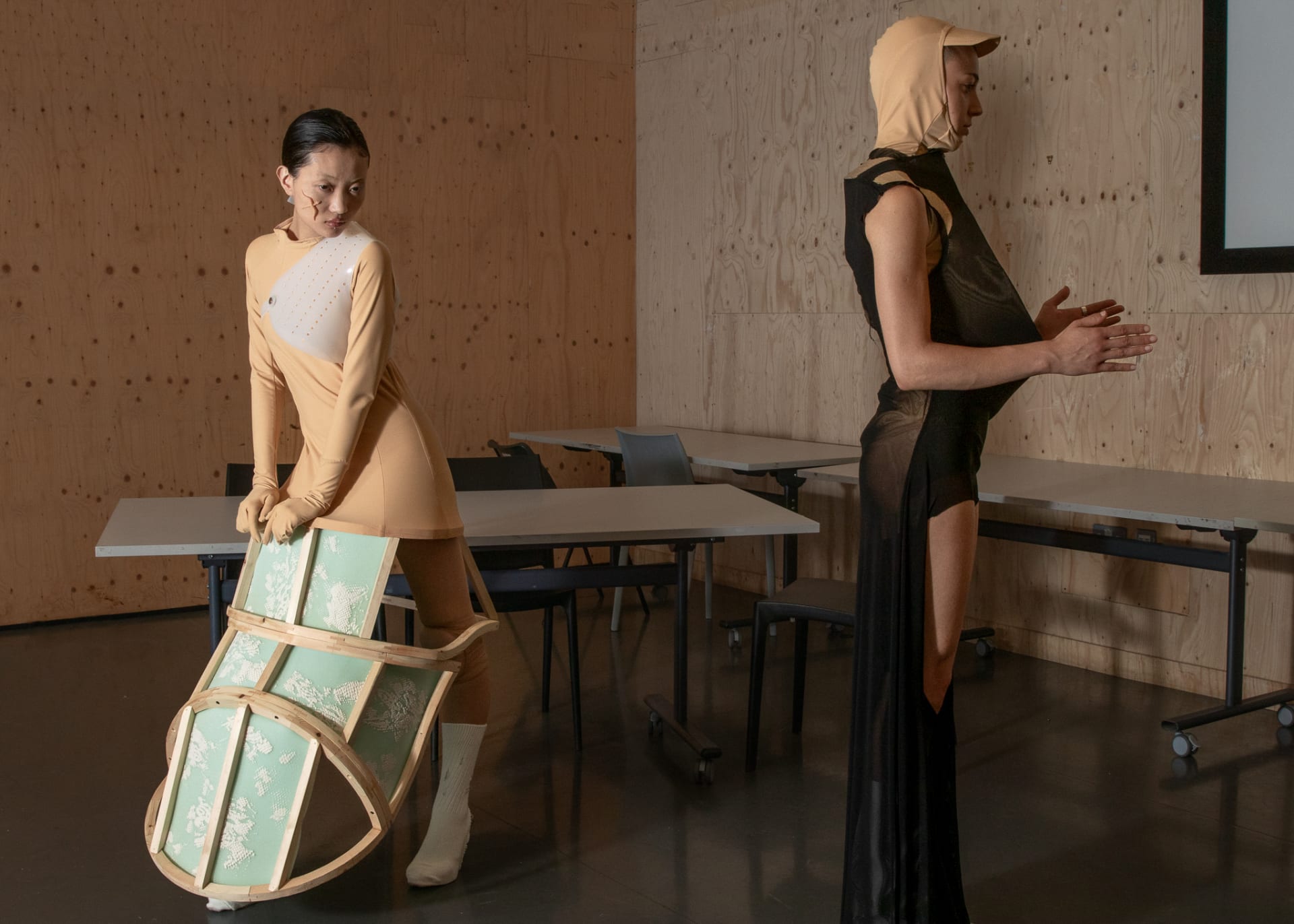Look 1&2 wood dress & mesh dress