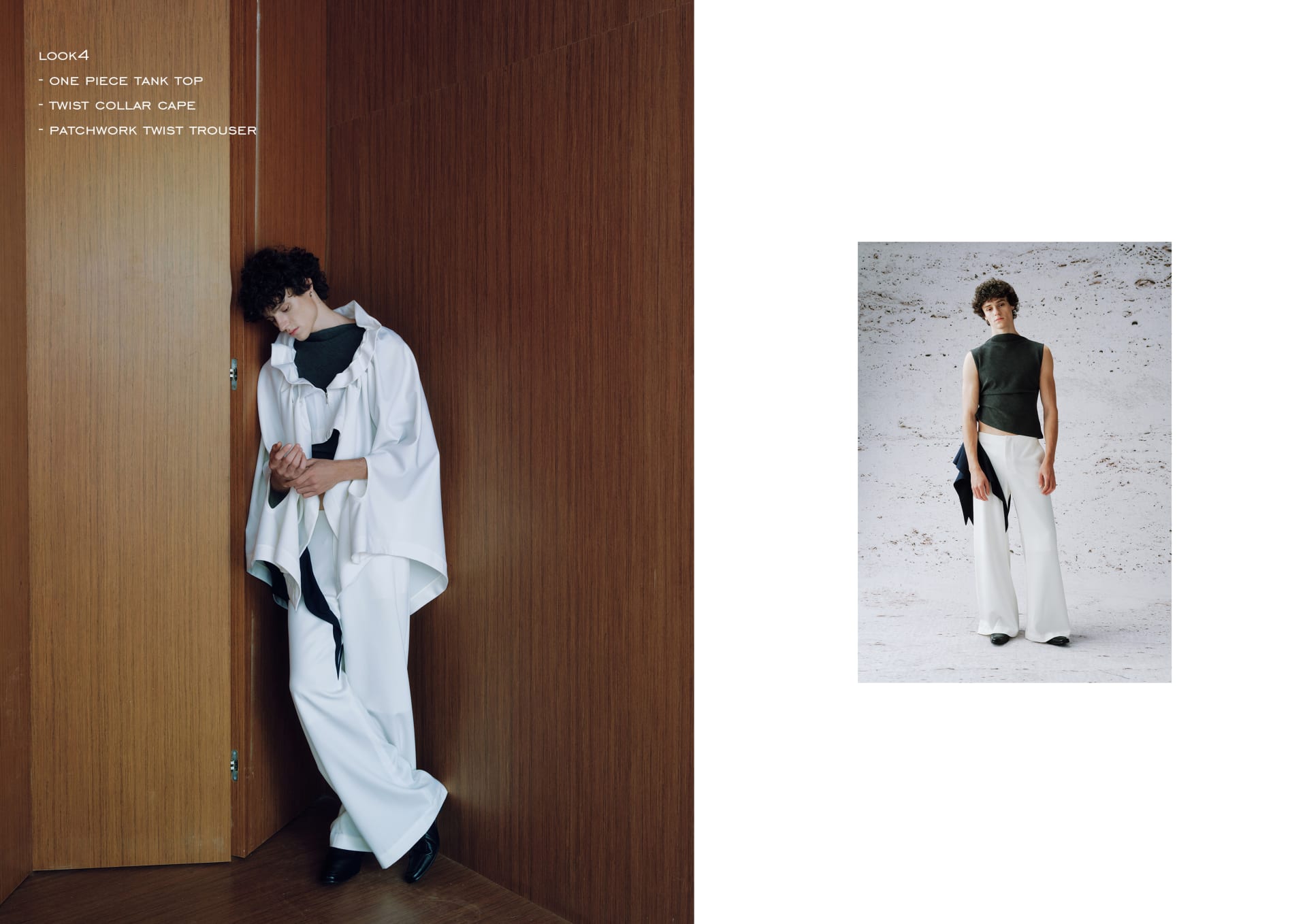 Look4 - One Piece Tank Top, Twist Collar Cape and Patchwork Twist Trouser