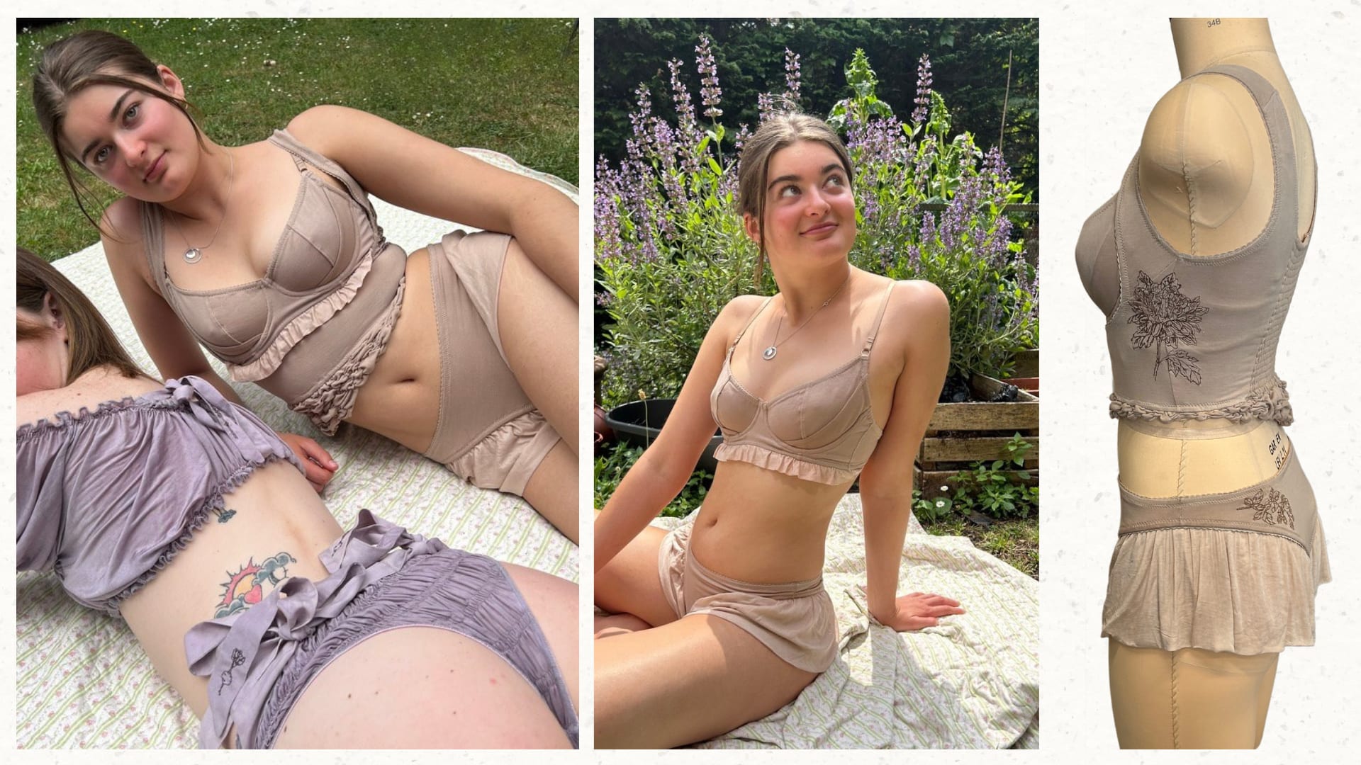 A model wears a soft brown lingerie set, consisting of a structured bra, shorts, and a cropped vest top.