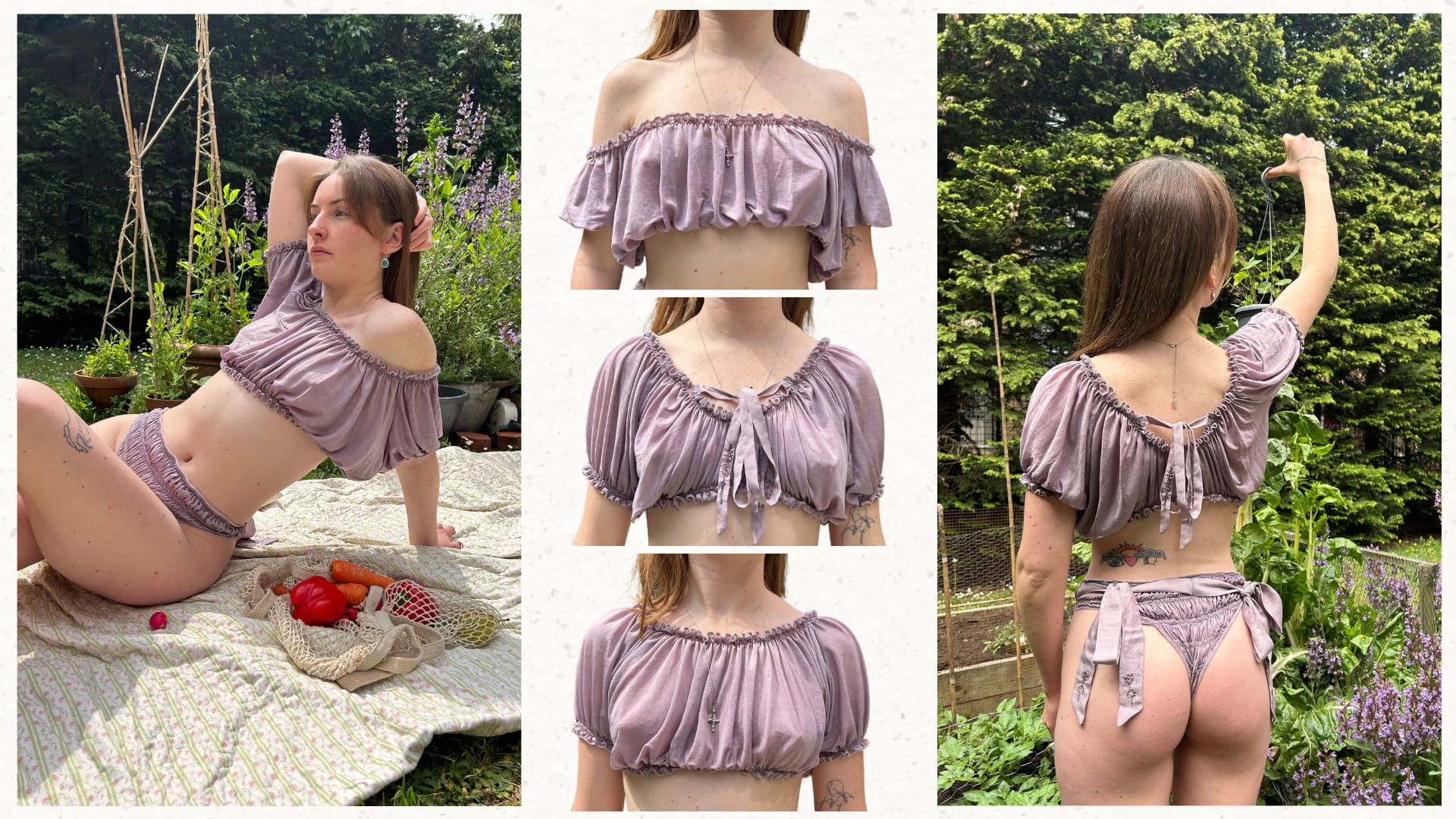 A model wears a lilac lingerie and loungewear set, photographed in a garden. The off-the-shoulder top is gathered with elastic and ribbon details.