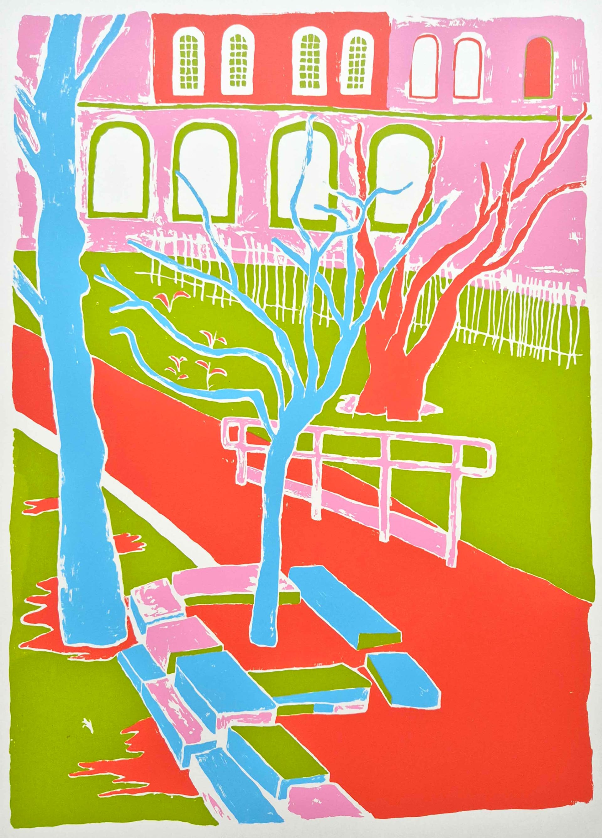 Four-colour screenprint of a view at Millbank Gardens.