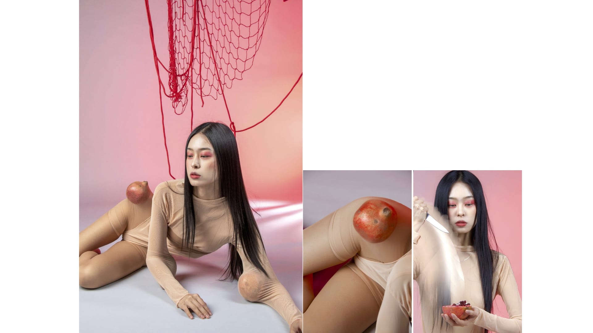 Gray to red gradient background, fruit placed on body parts, symbolizing heavy pressure.