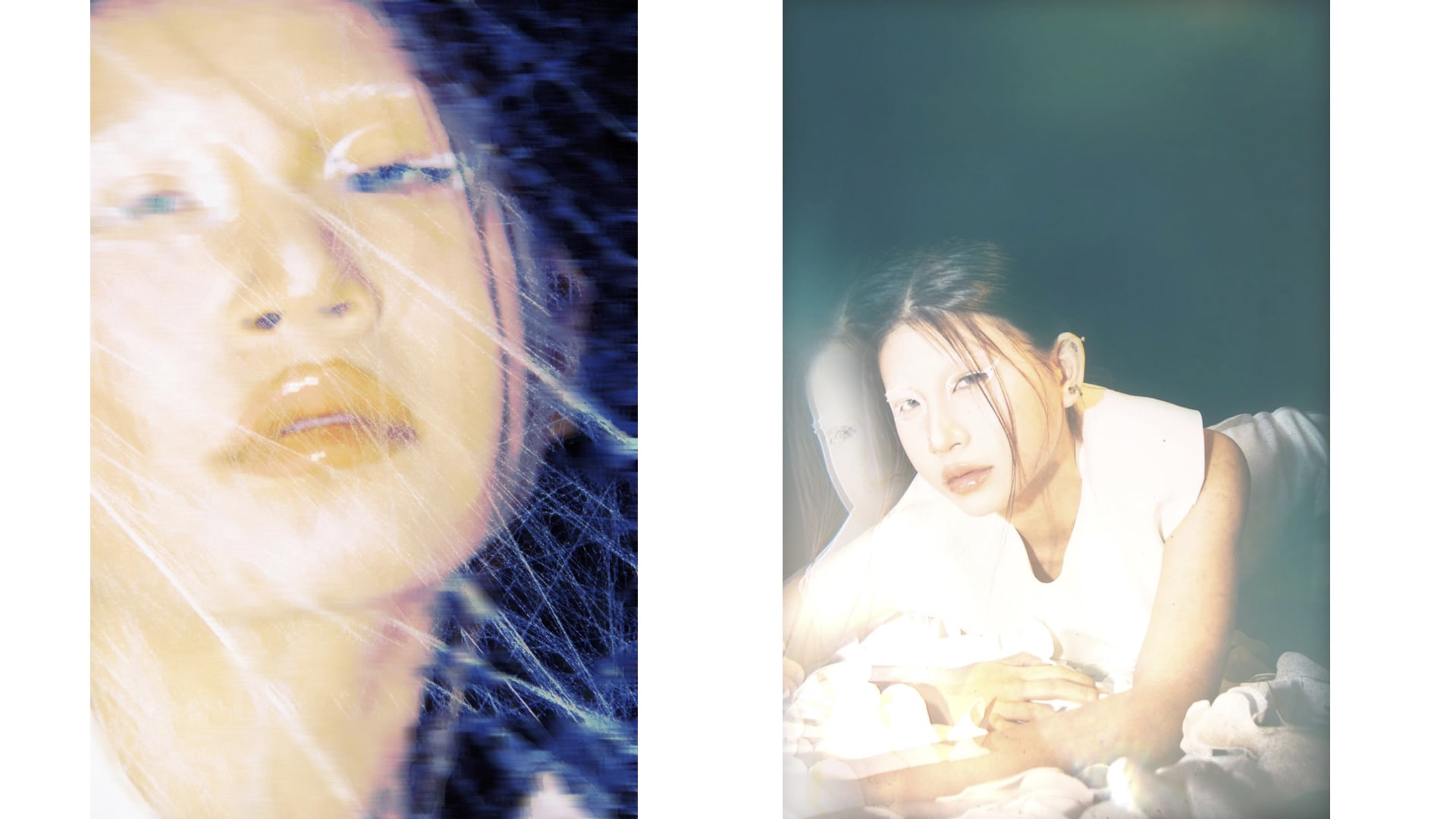 Model pulling white cotton across body, intense gaze, dramatic shadows.