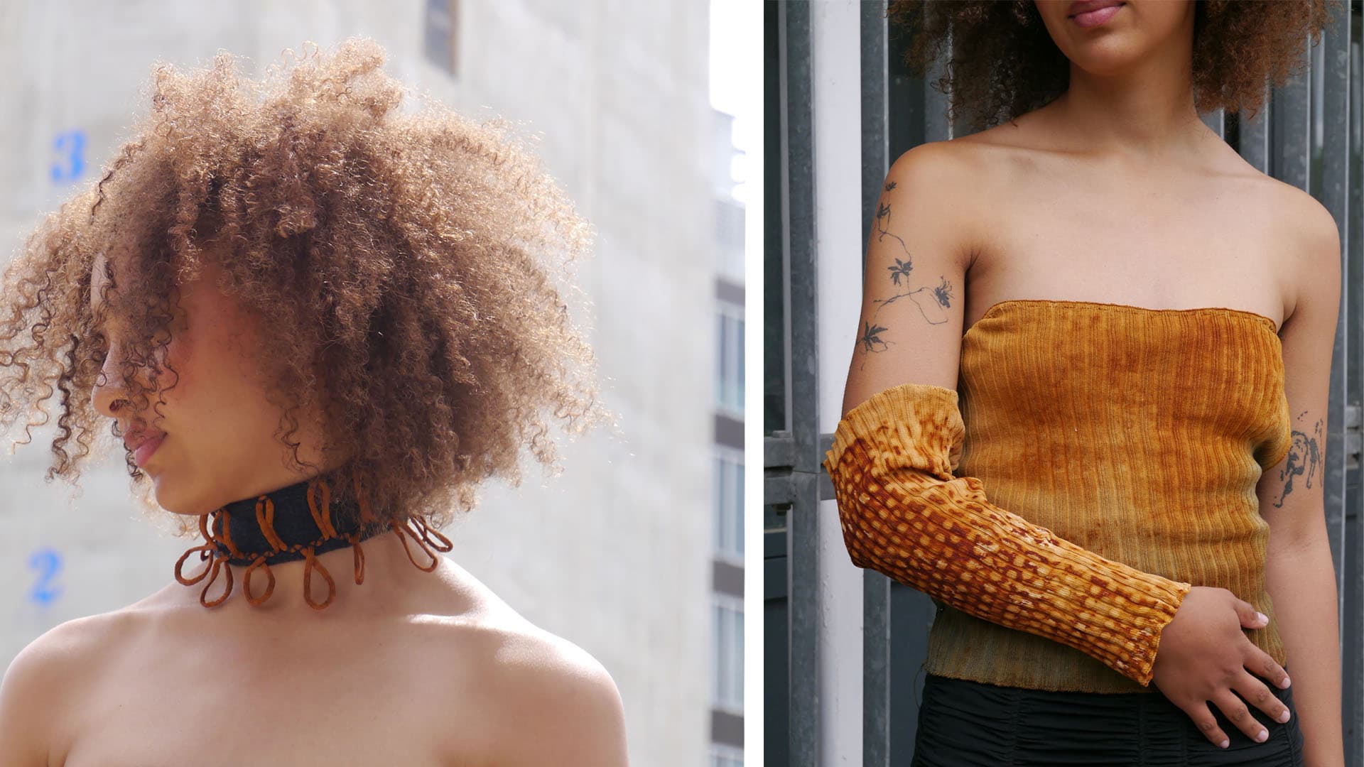 A model on the left is pictured shoulders upwards in front of an industrial scape wearing a collar. On the right the model wears rust dyed fabrics.