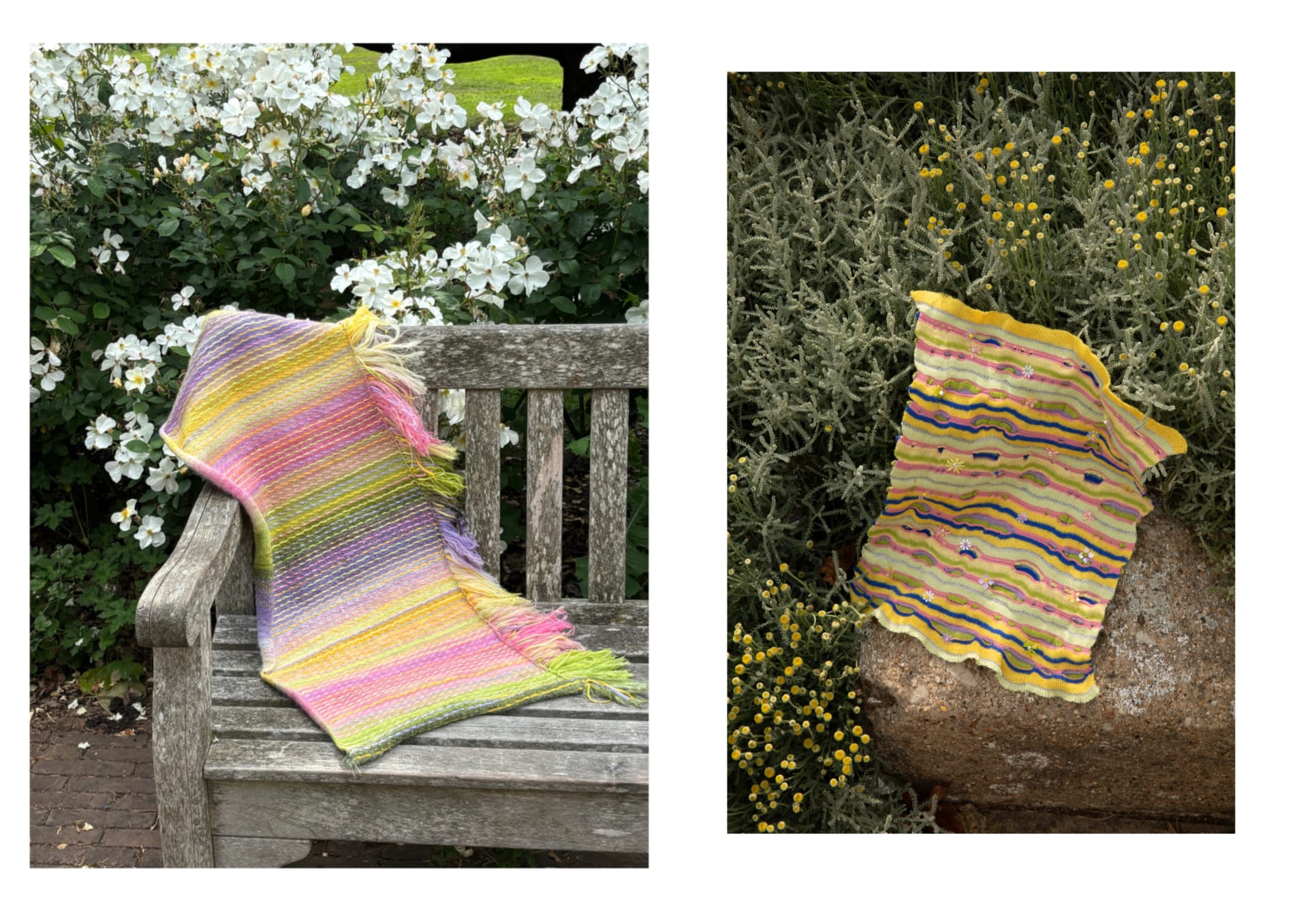 The left side features a knitted fabric made of gradient colors and ribbons, with fringes along the edges, while the right side is a colorful striped 
