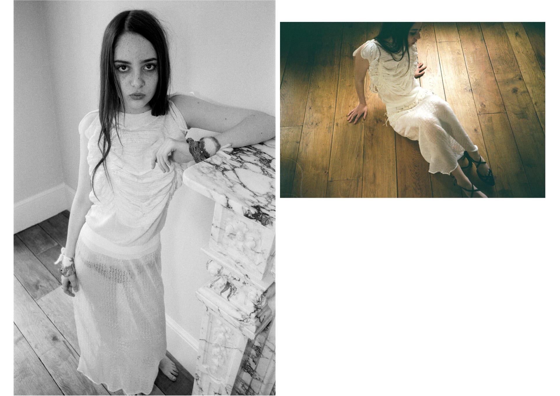 A girl poses in the knitted dress looking at the camera on the right, and lying down on the left on the floor.