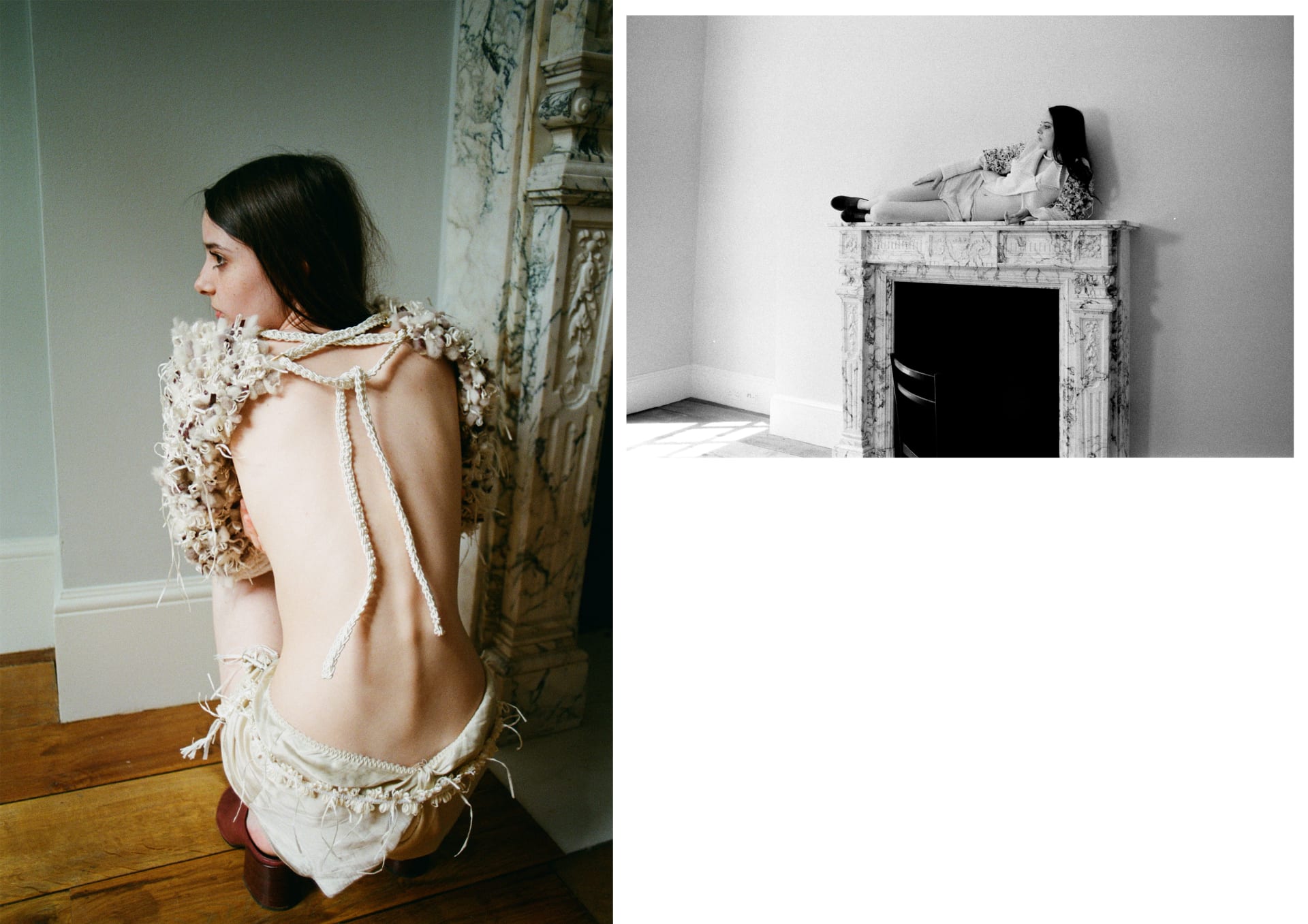 To the right a girl crouched down showing the sleeves without the jacket on top. To the left is the model lying on top of a mantle place.