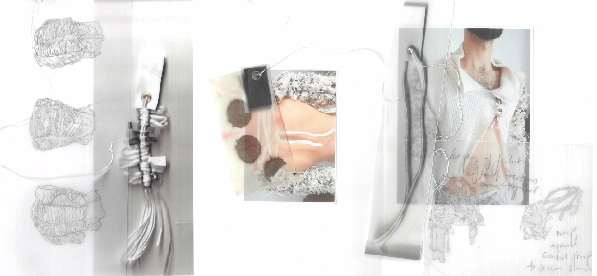 Three images of the design process including leather pendants and colour swatches.
