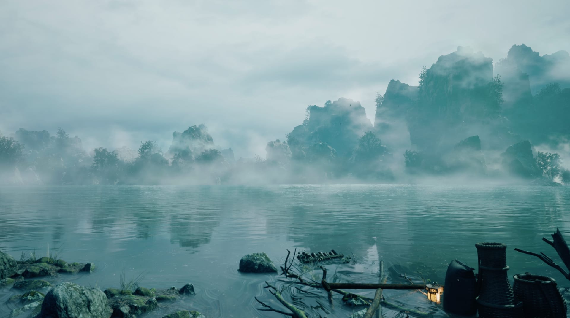 3D digital modeling of a natural scene featuring mountains and lakes