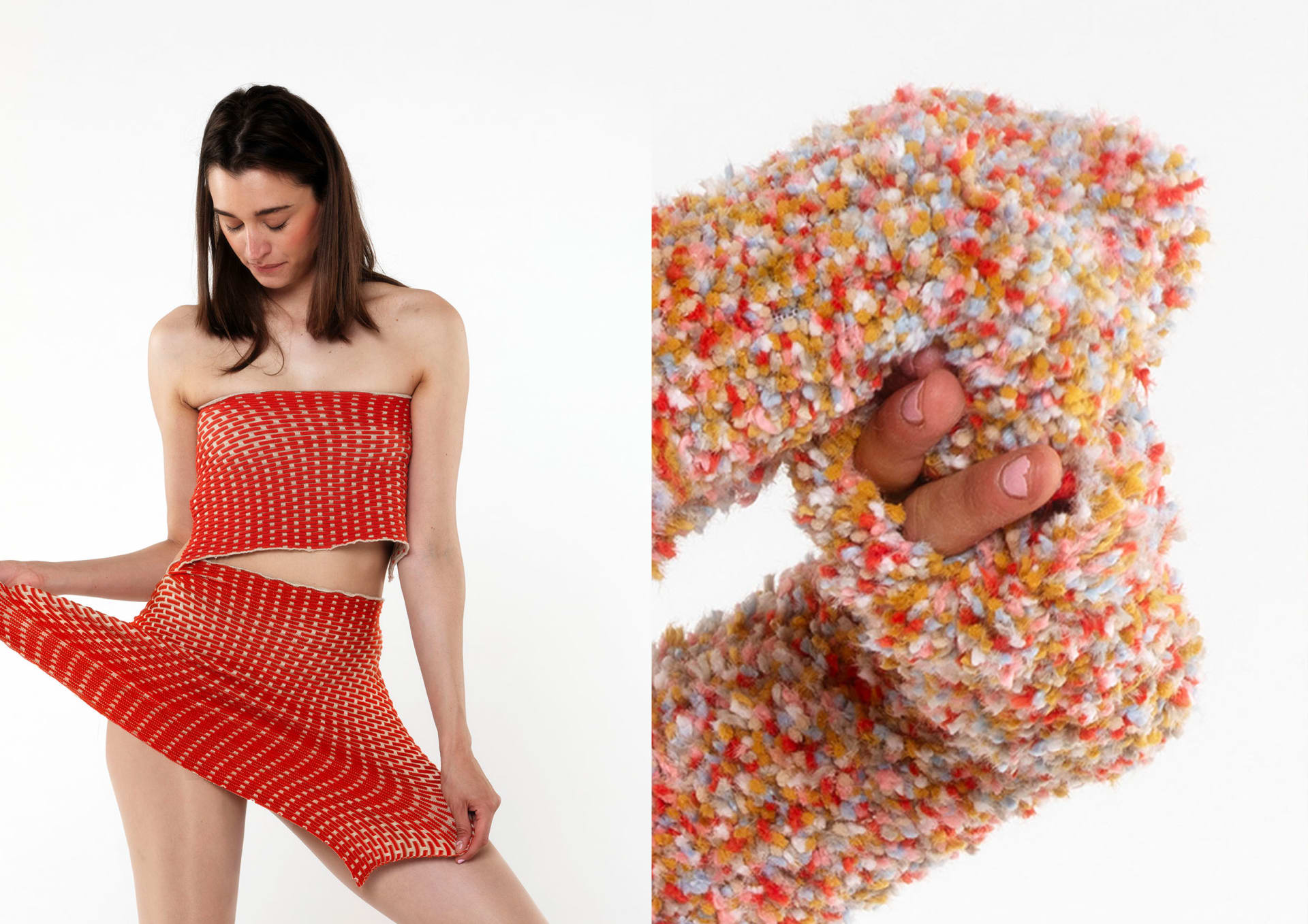 A model wearing a graphic brick textured samples and a zoomed in section of a textured knit jumper in yellow red and whiite.