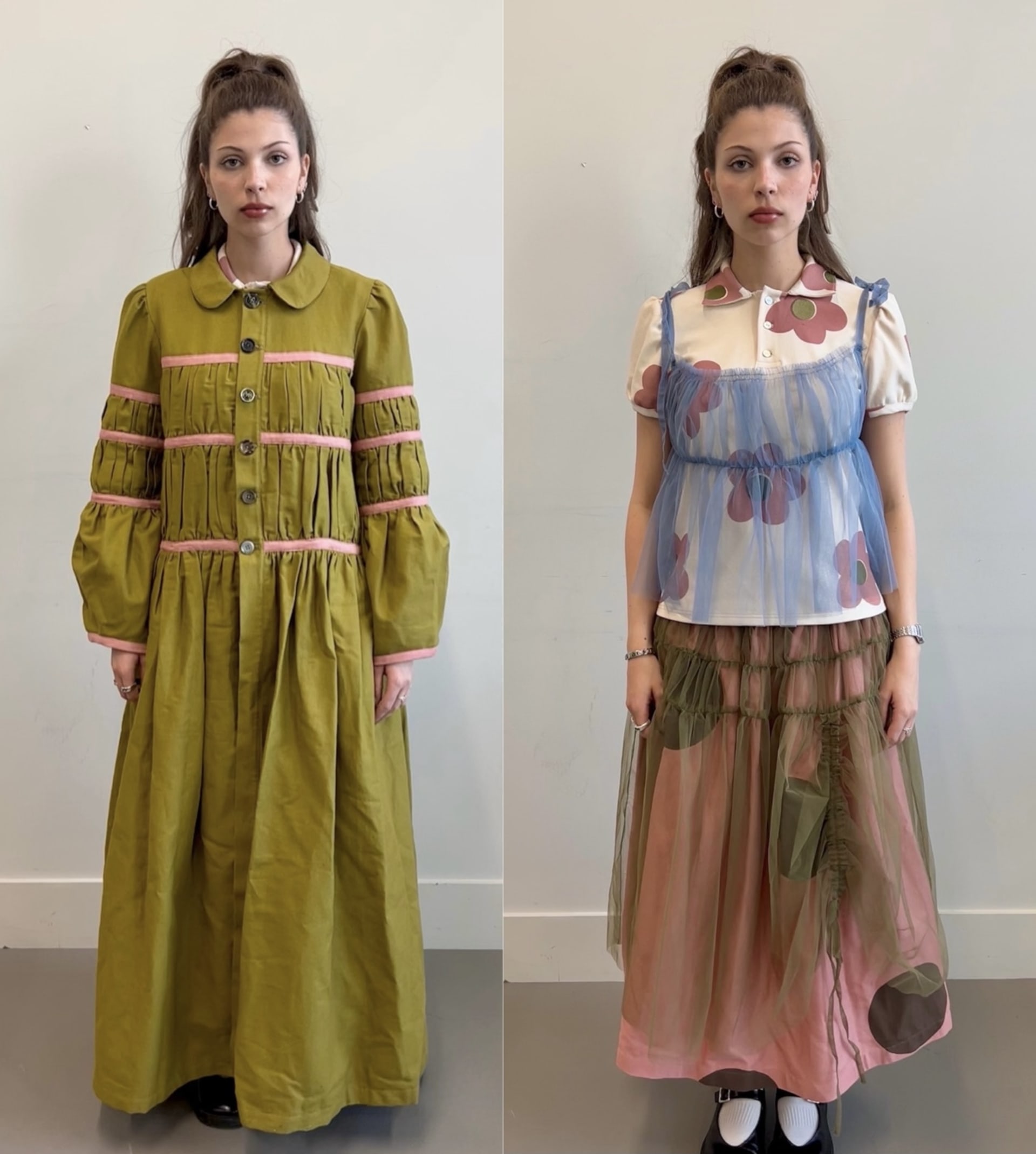 This image shows an outfit featuring the colours cream, dusty pink, olive green, baby blue and brown, screen-printed fabrics and layering garments.