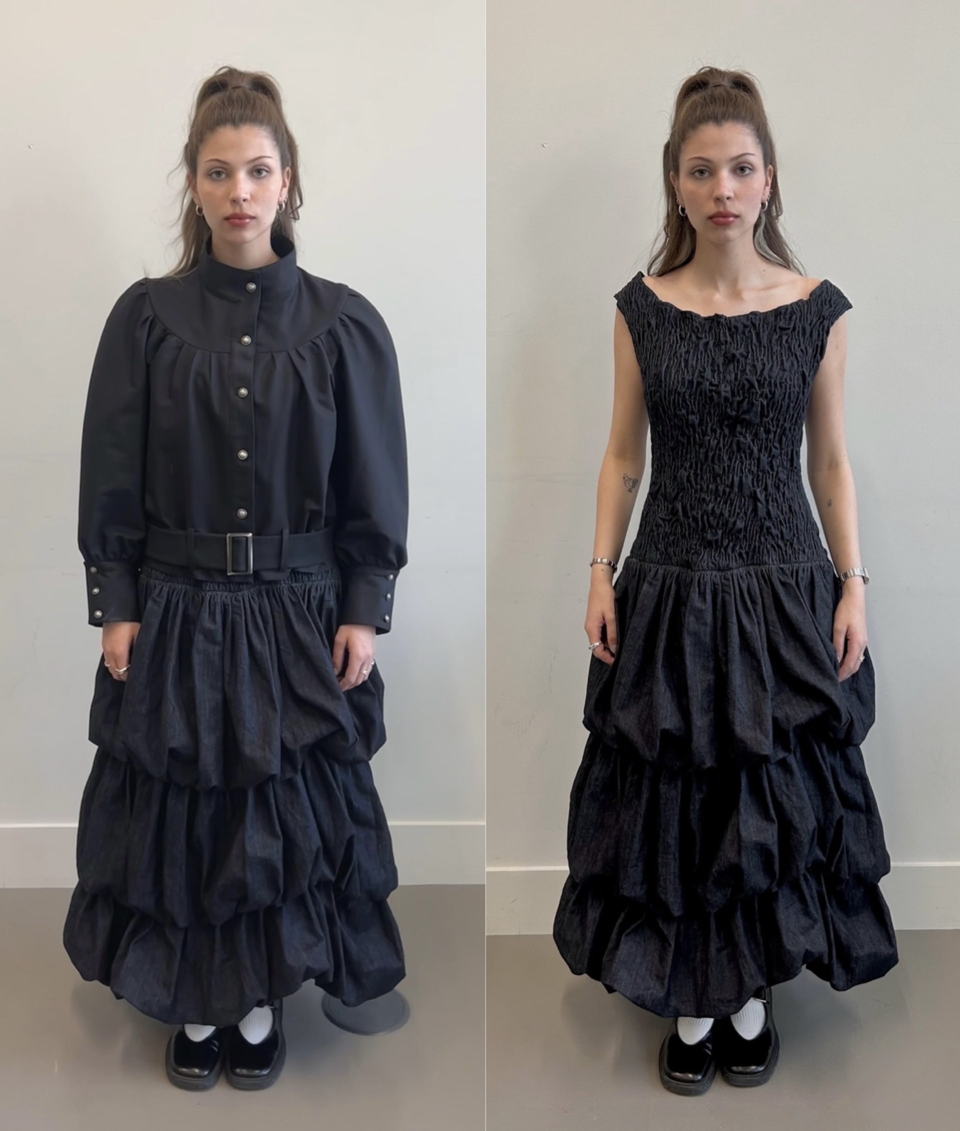 This image shows a high-neck black jacket with metal buttons and an indigo denim, voluminous dress. 