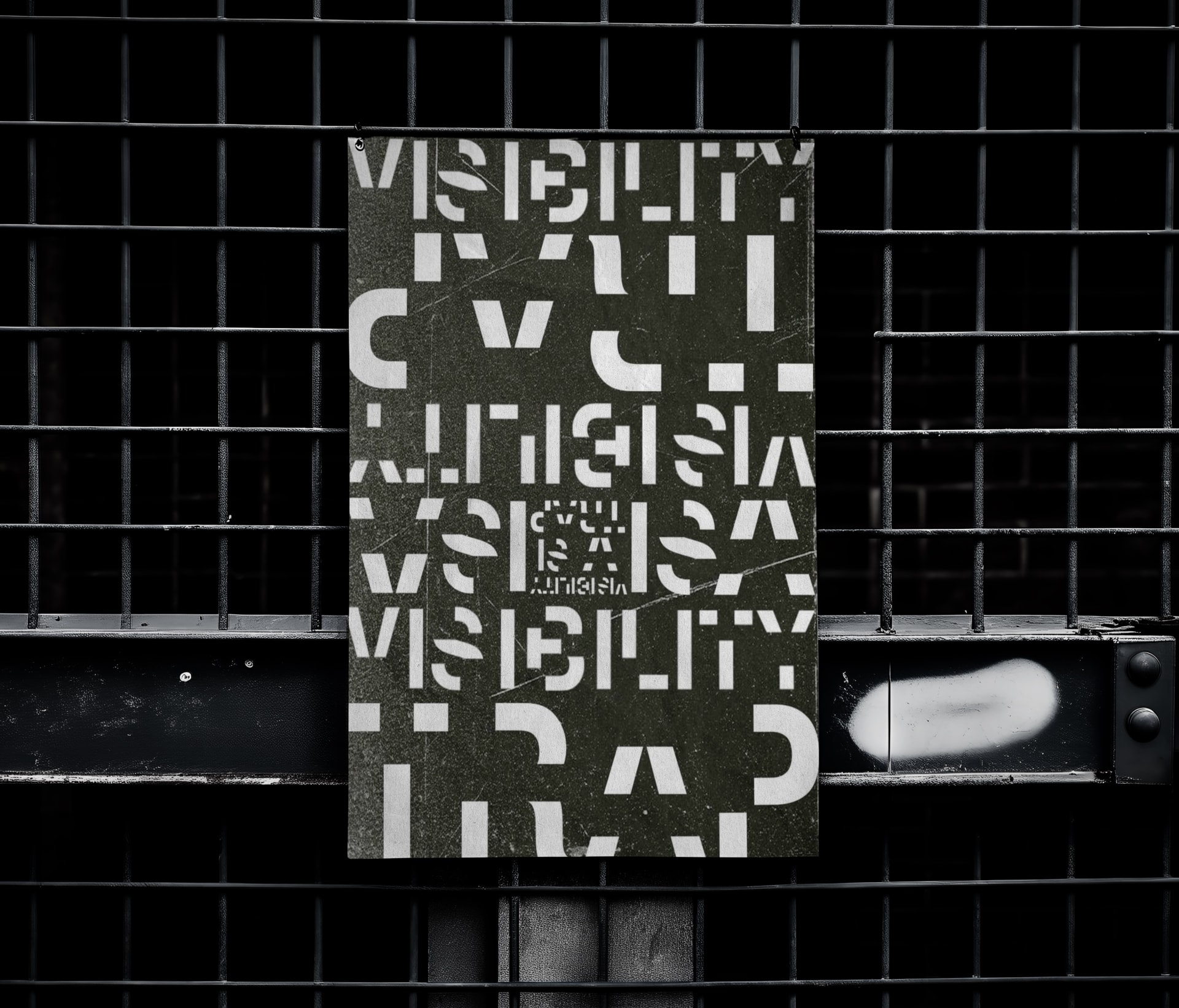 A poster with white text on a black noisy background. The text says "VISIBILITY","IS A" and "TRAP' with redacted version of Helvetica
