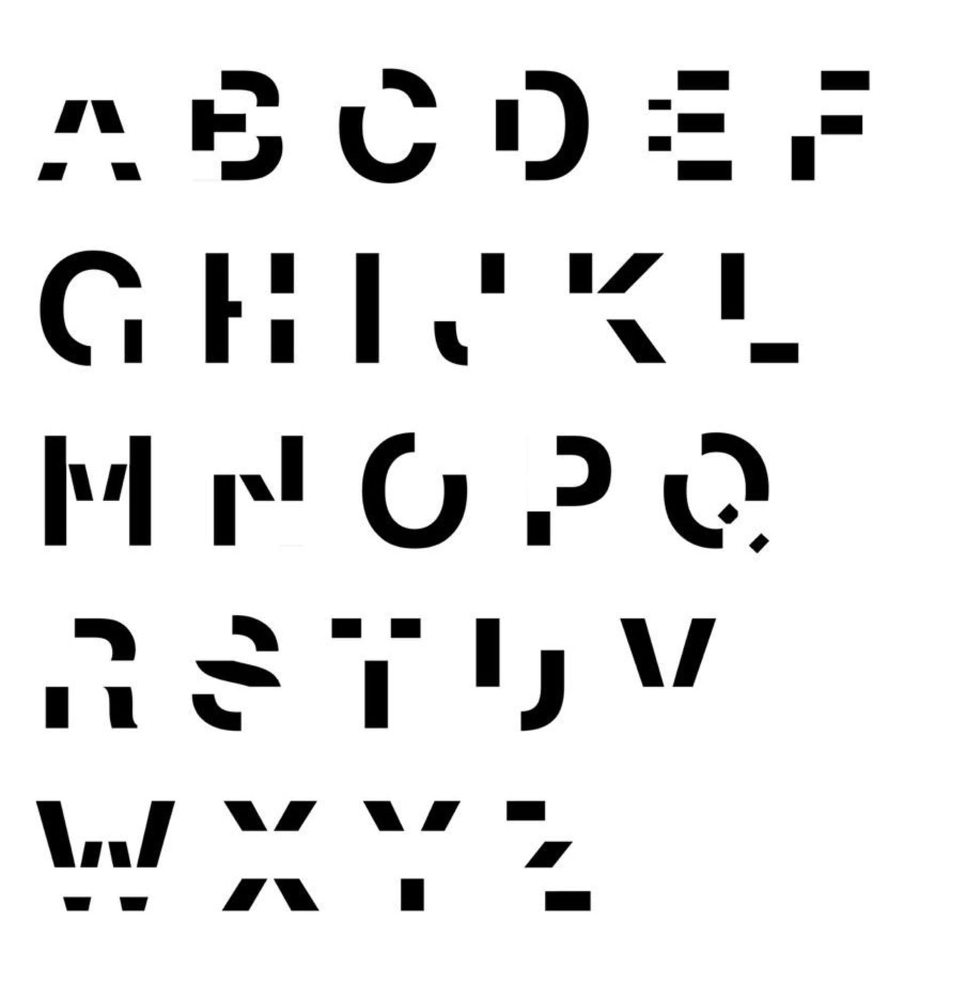 Redacted typeface with negative space on every intersecting point of each alphabet