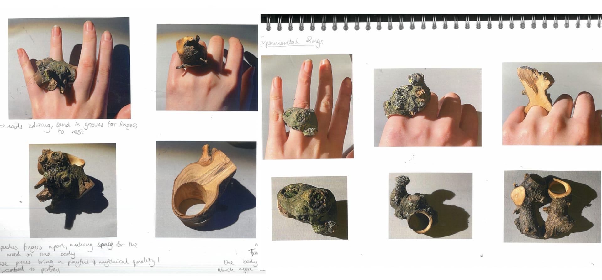 series of images of natural look wooden rings on and off the body