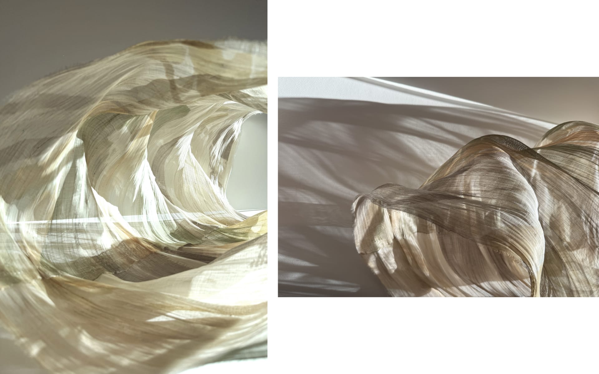 A sculptural textile piece sits on a flat white surface. It is made of semi-transparent, light-colored woven material with Banana fibers. 