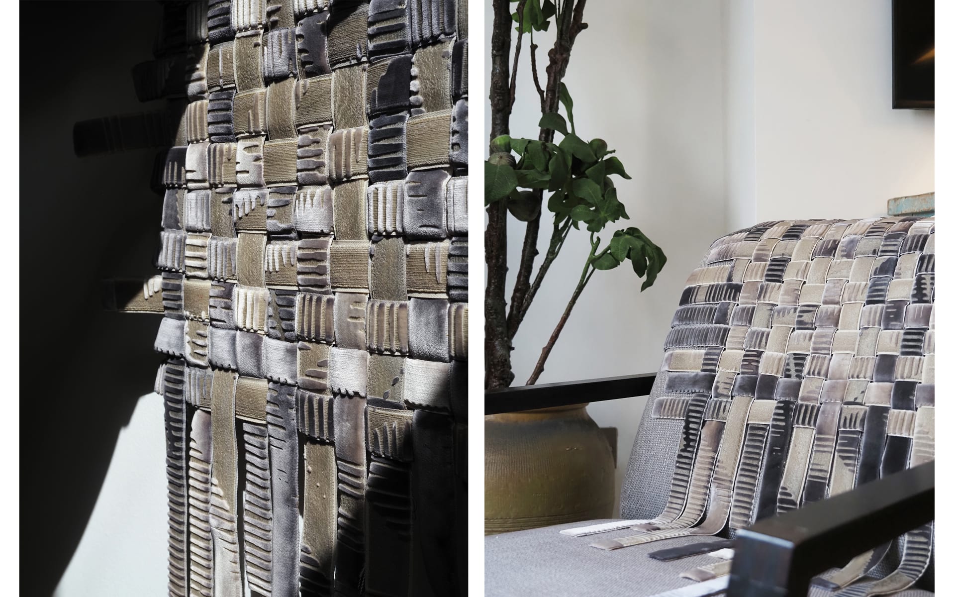 This image shows a woven textile piece hanging vertically on a wall. The structure is made of strips of laser engraved velvet material.