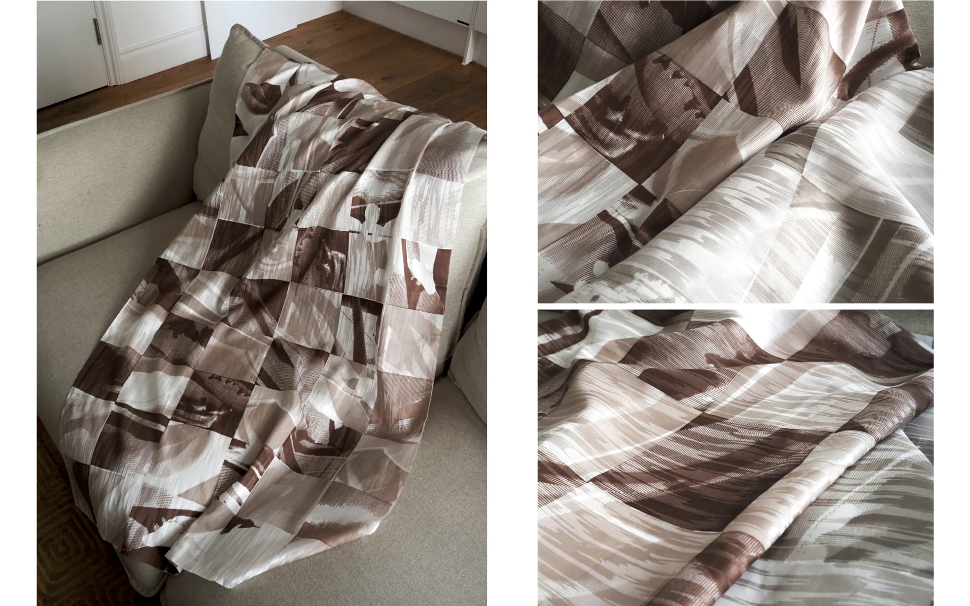 A flat textile piece is displayed on a surface. It is made of square segments arranged in a checkerboard layout.