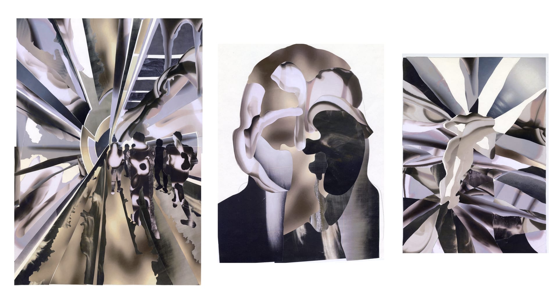 Three collages composed of cut-out photographic fragments arranged on paper. The shapes include partial faces and body parts