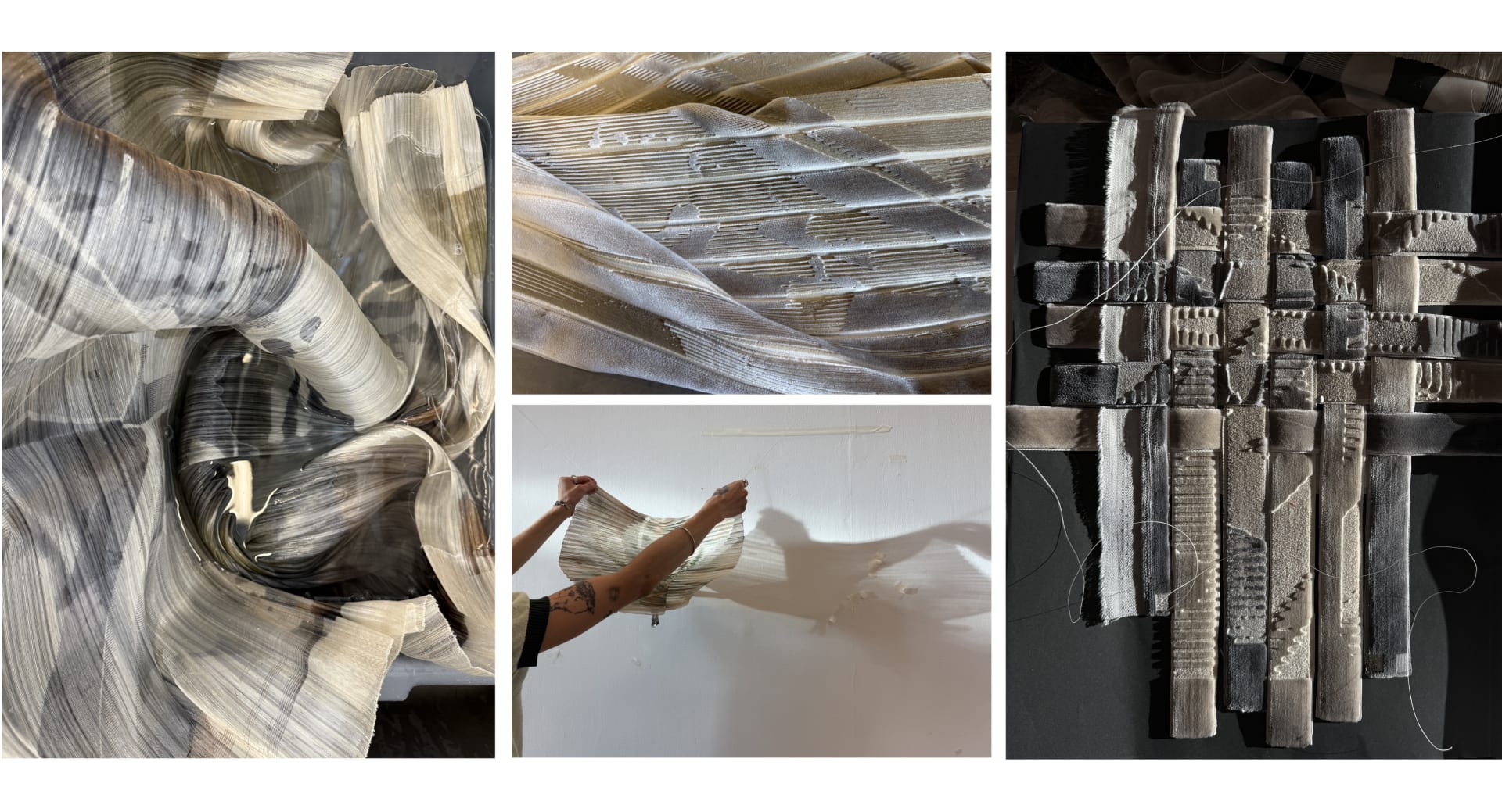 A series of process photos shows various stages of textile experimentation.