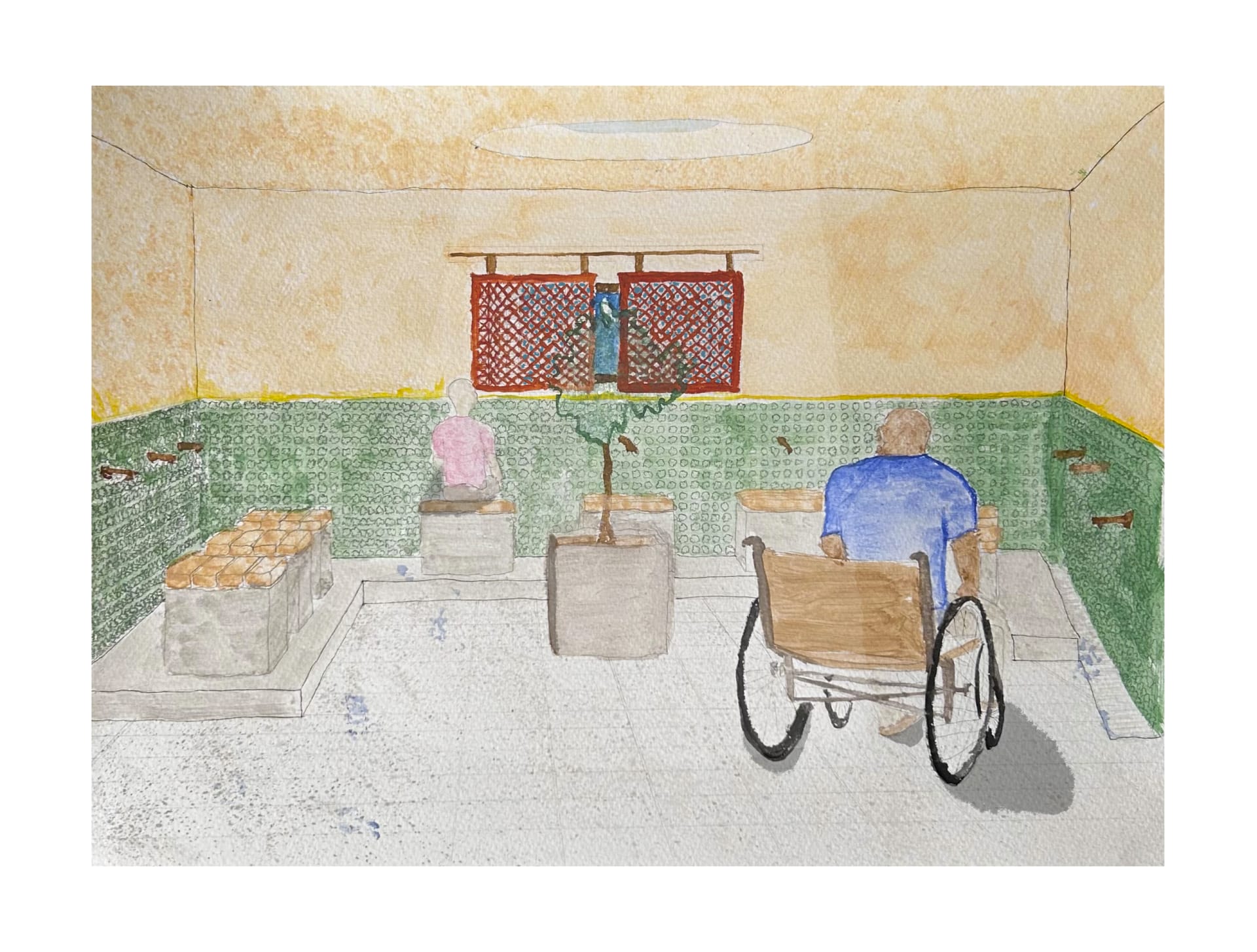 Watercolour of serene Wudhu room, a tranquil spiritual space linked to mosque's prayer hall, with soft light and natural tones.