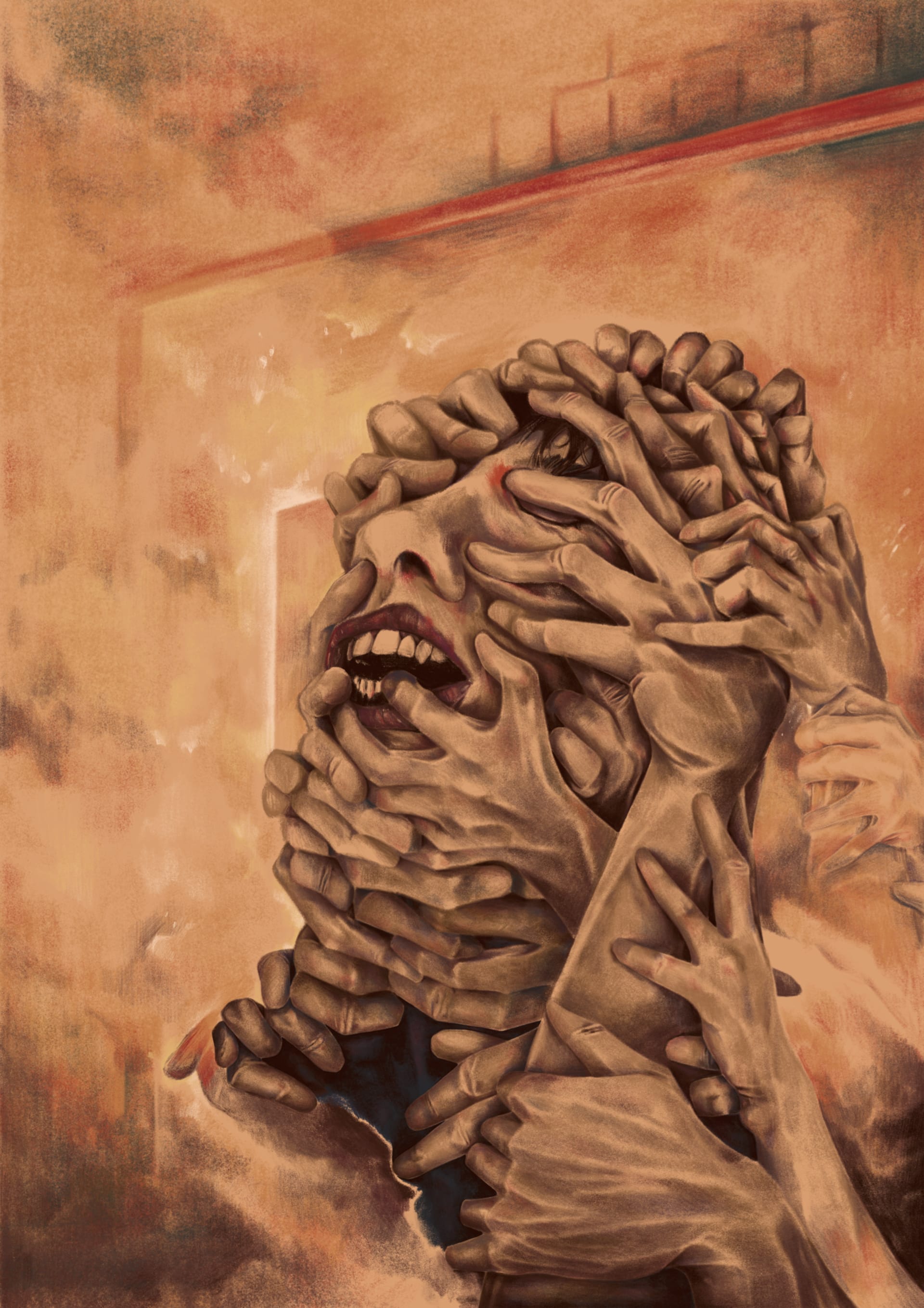 image of a face being surrounded and grabbed by multiple hands and fingers featuring a cream and orange hue to the whole piece