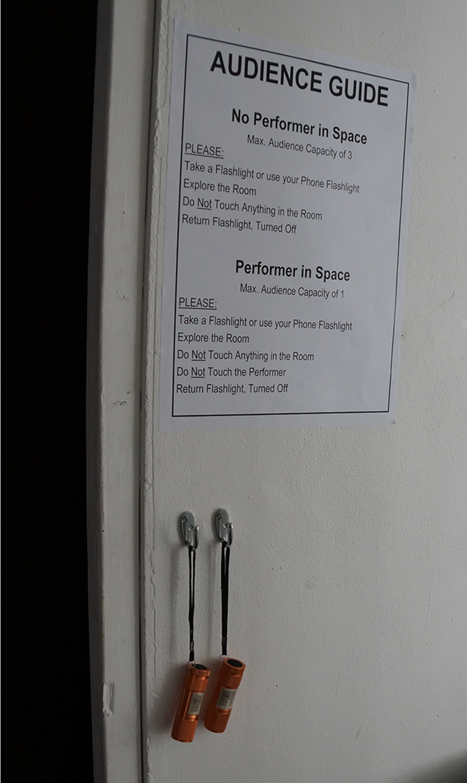 Piece of Paper on the wall with Audience Guidelines for interacting with the exhibition with two flashlights on hooks underneath.