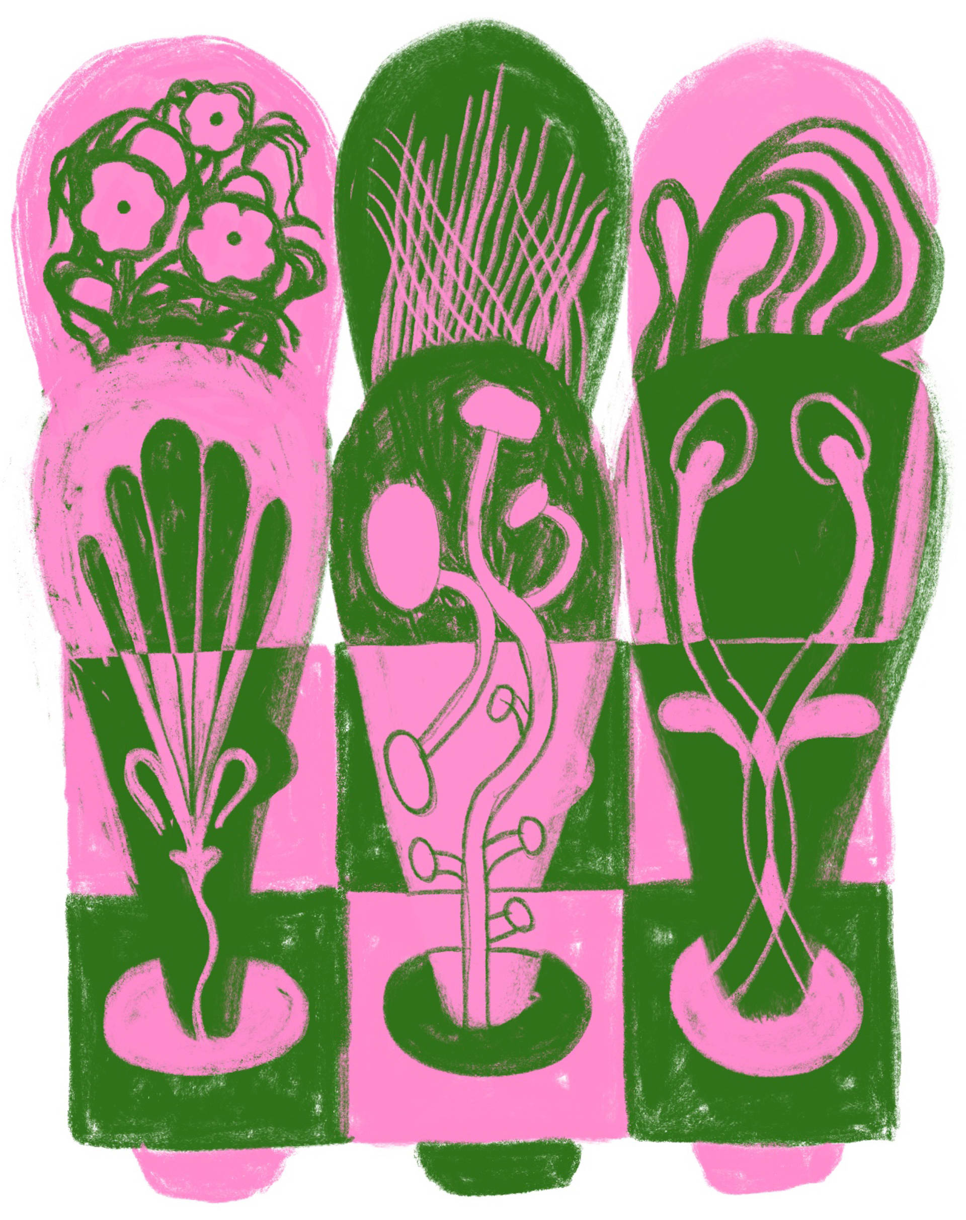 Two-colour illustration of potted geometric plants.