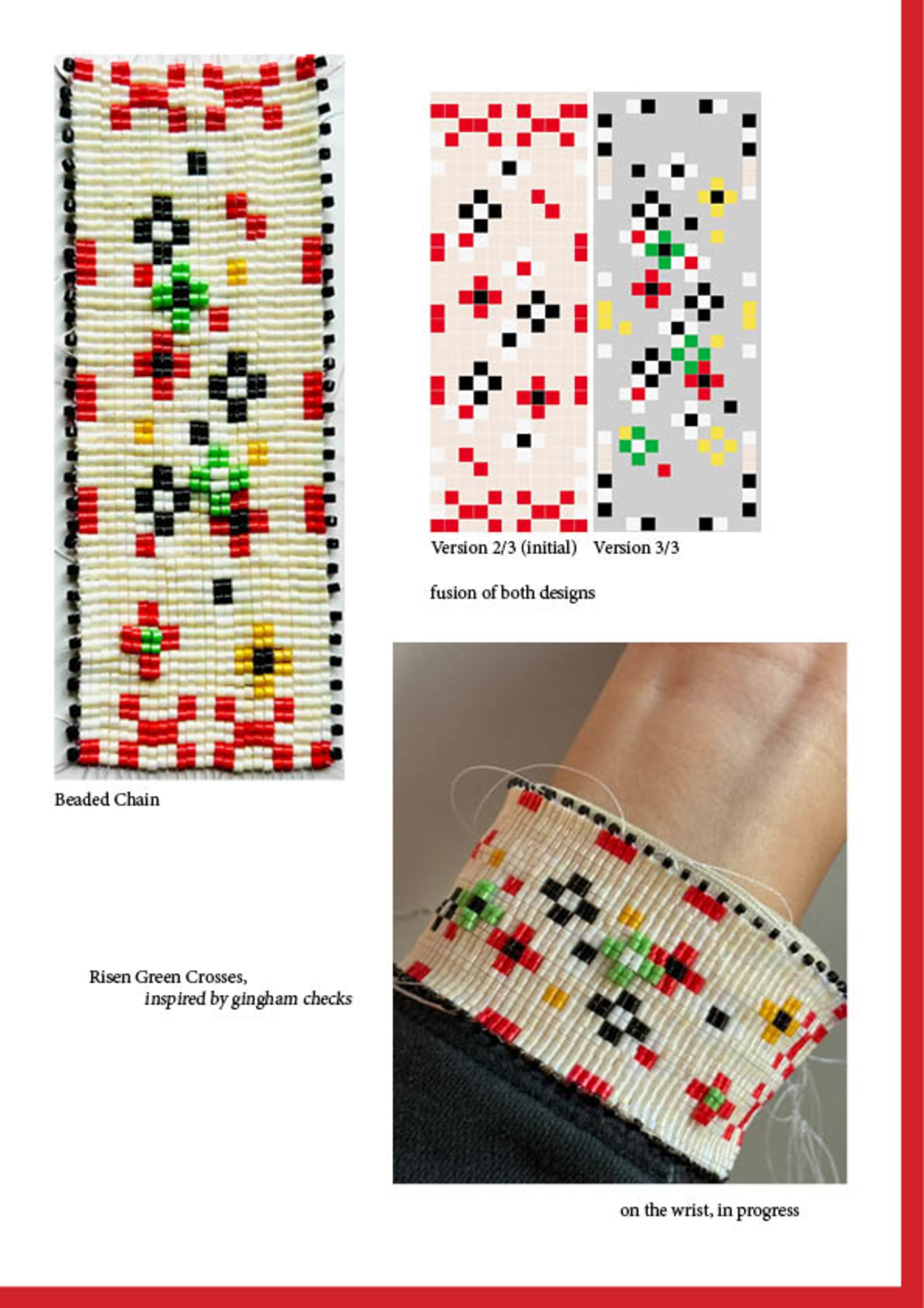 A series of crosses in red, green, white, black and yellow fitted into an iridescent shell-like base. Beaded to fit on wrist or badge patch decorative