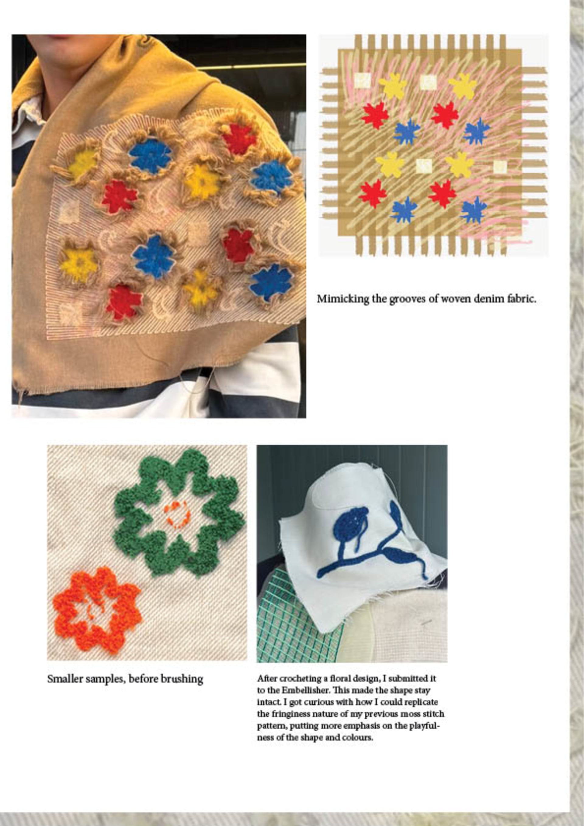 Embellishing crochet works into fabric led to creating a mohair-like effect from cotton thread.