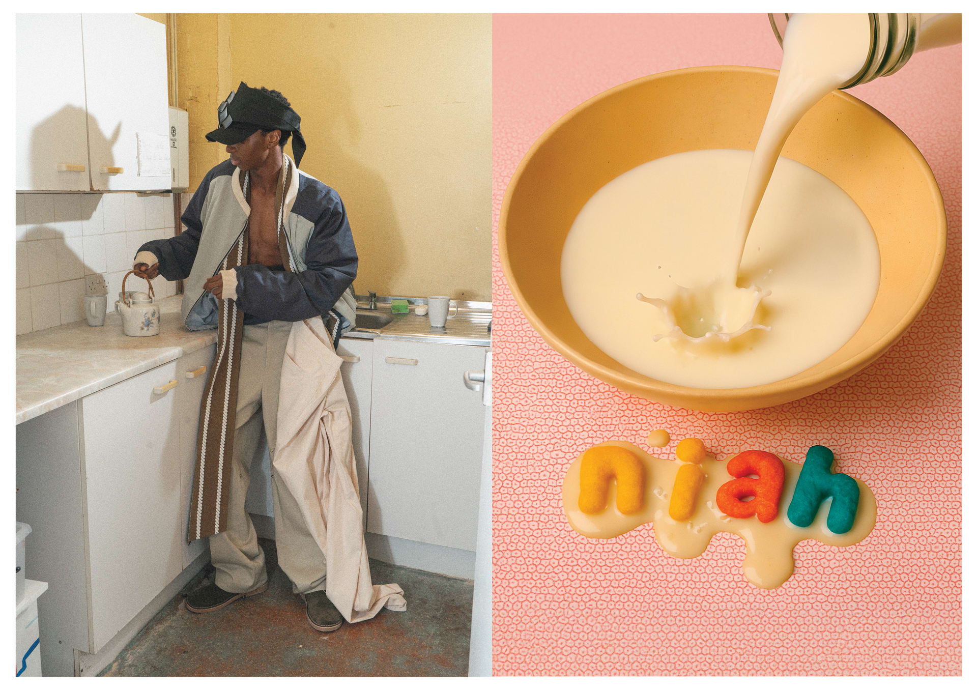 A two-part image. On the left, a model in oversized layered clothing and a sculptural headpiece is making tea in a small, worn kitchen. On the right,