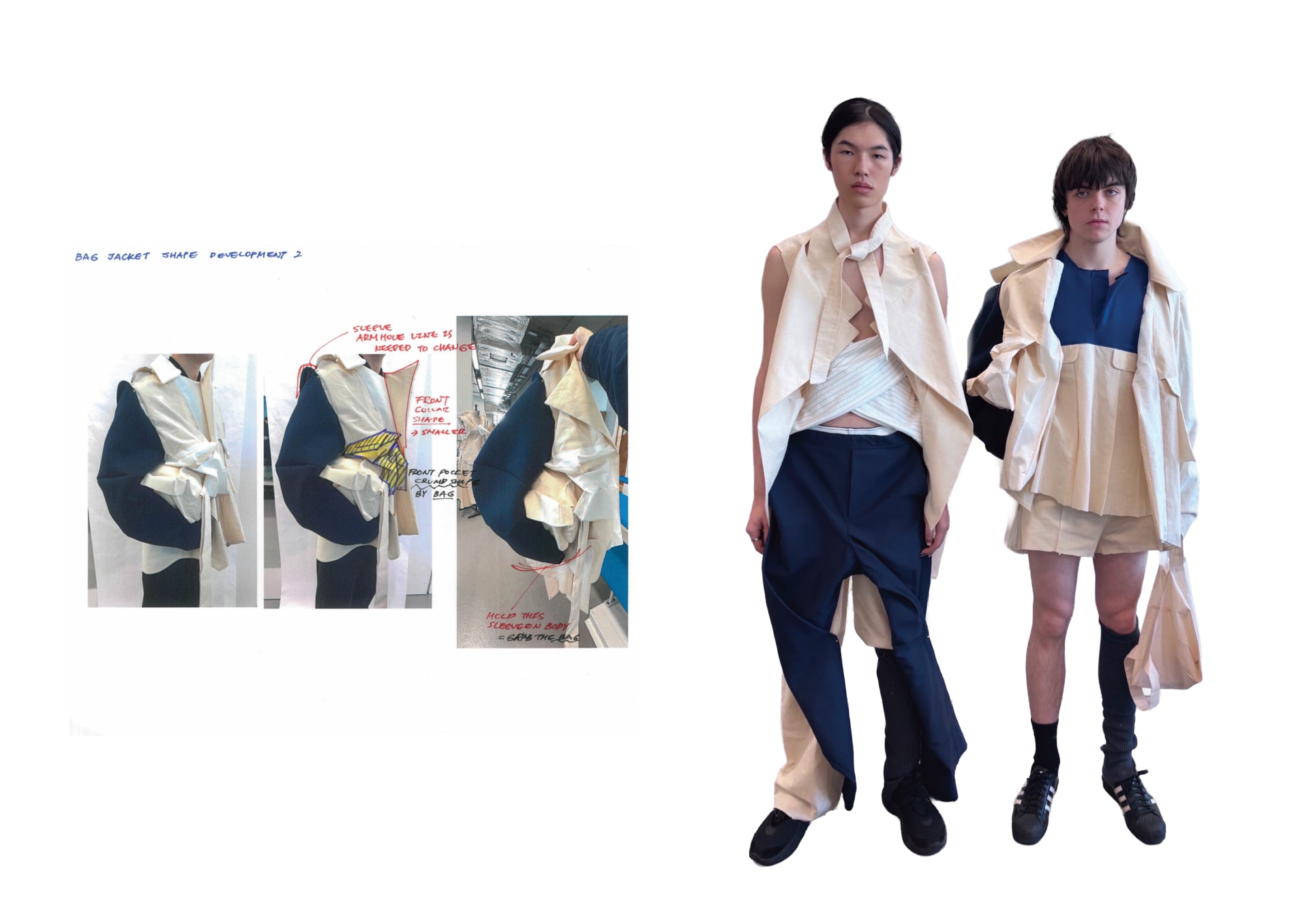 A progression of jacket prototypes with handwritten notes, ending in two models wearing finished garments that combine cream and navy panels with wrap