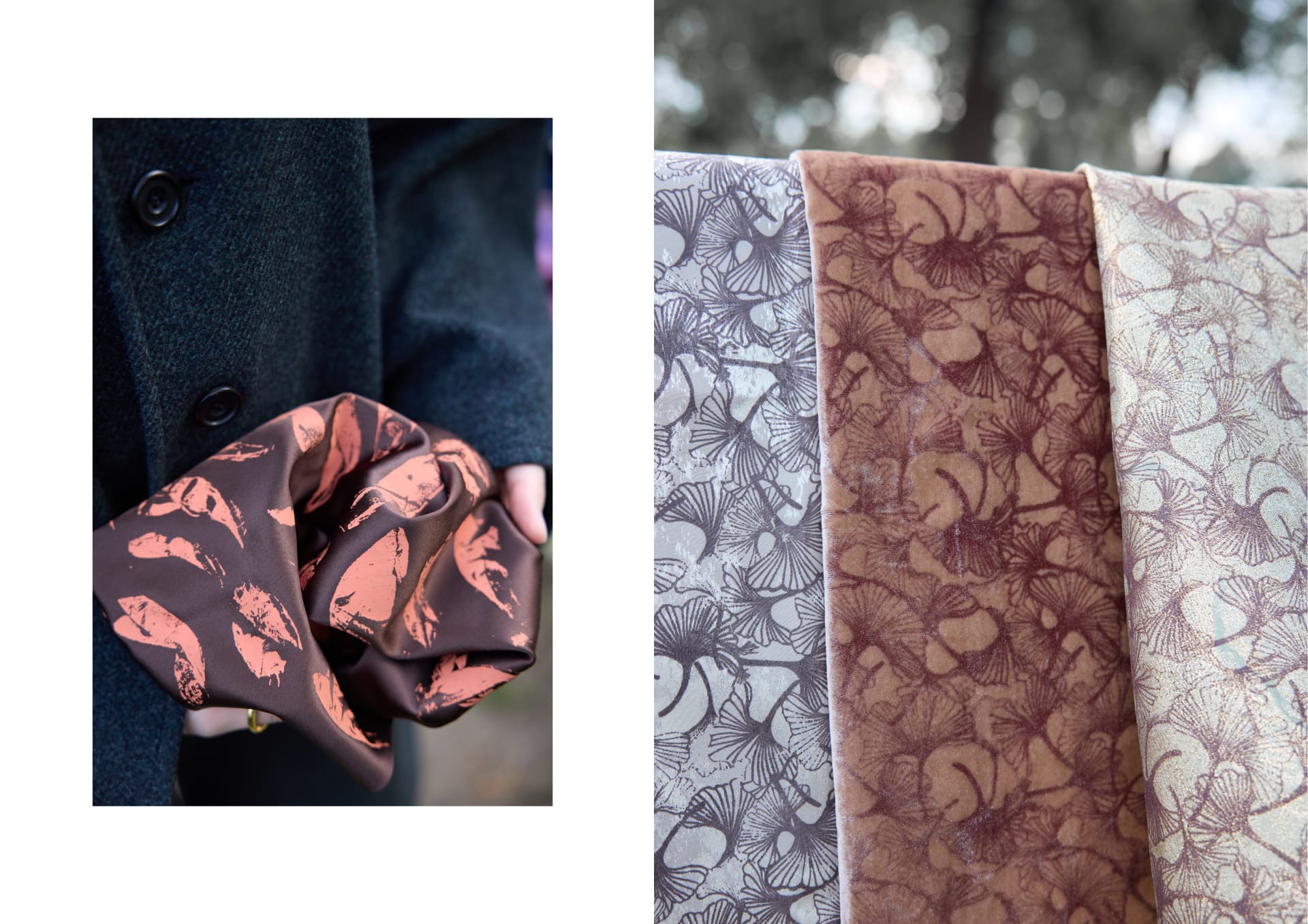 Screenprinted velvet and silk textiles capture autumn's fleeting beauty, with golden ginkgo leaves and decaying foliage frozen in delicate layers.