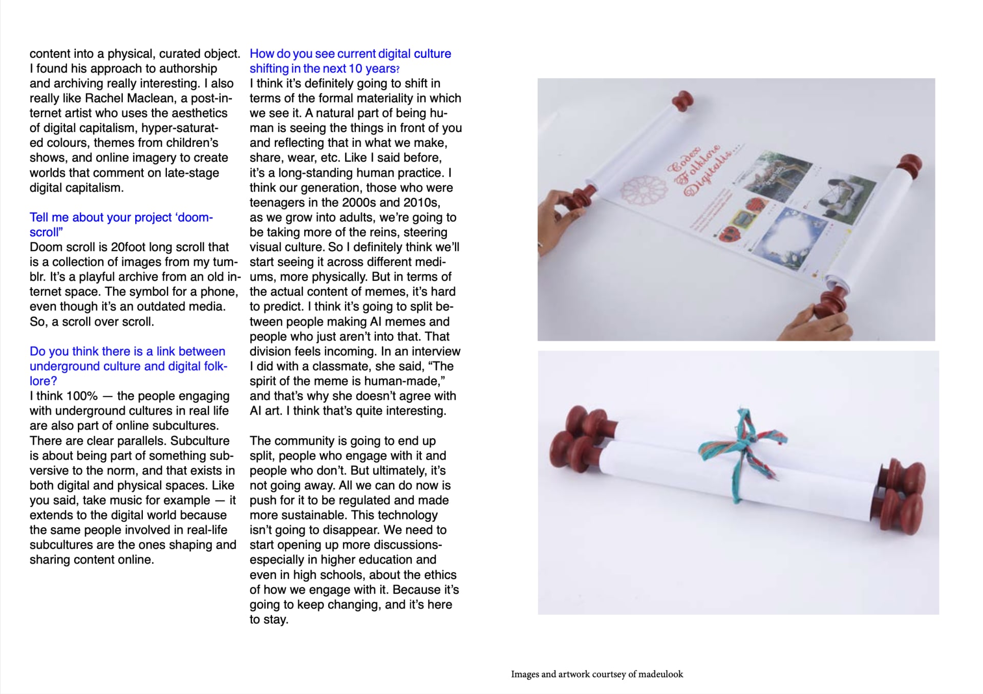 Article about graphic design studio, images of works, 'doomscroll'