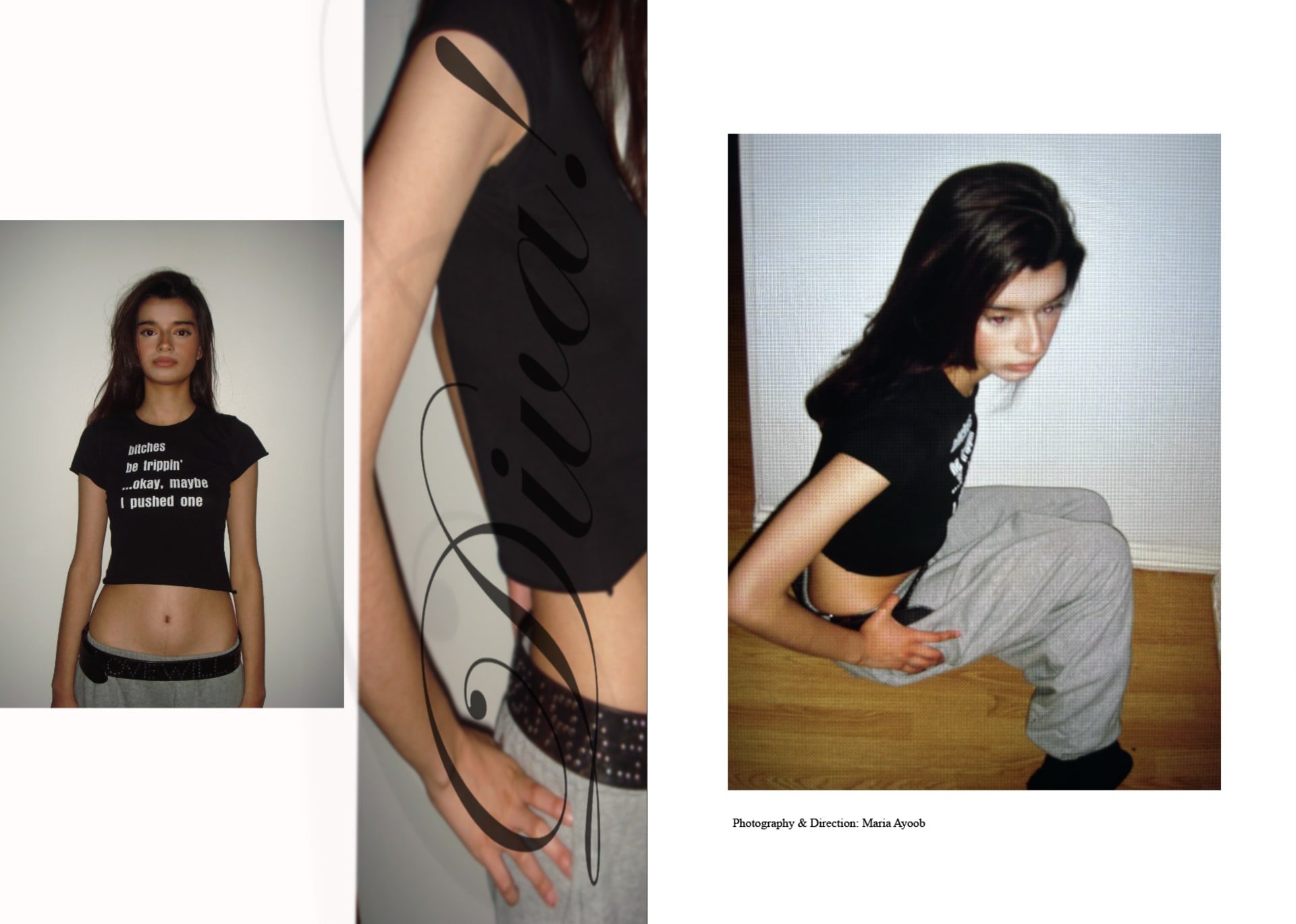 Photoshoot of girl wearing t shirt and grey joggers.