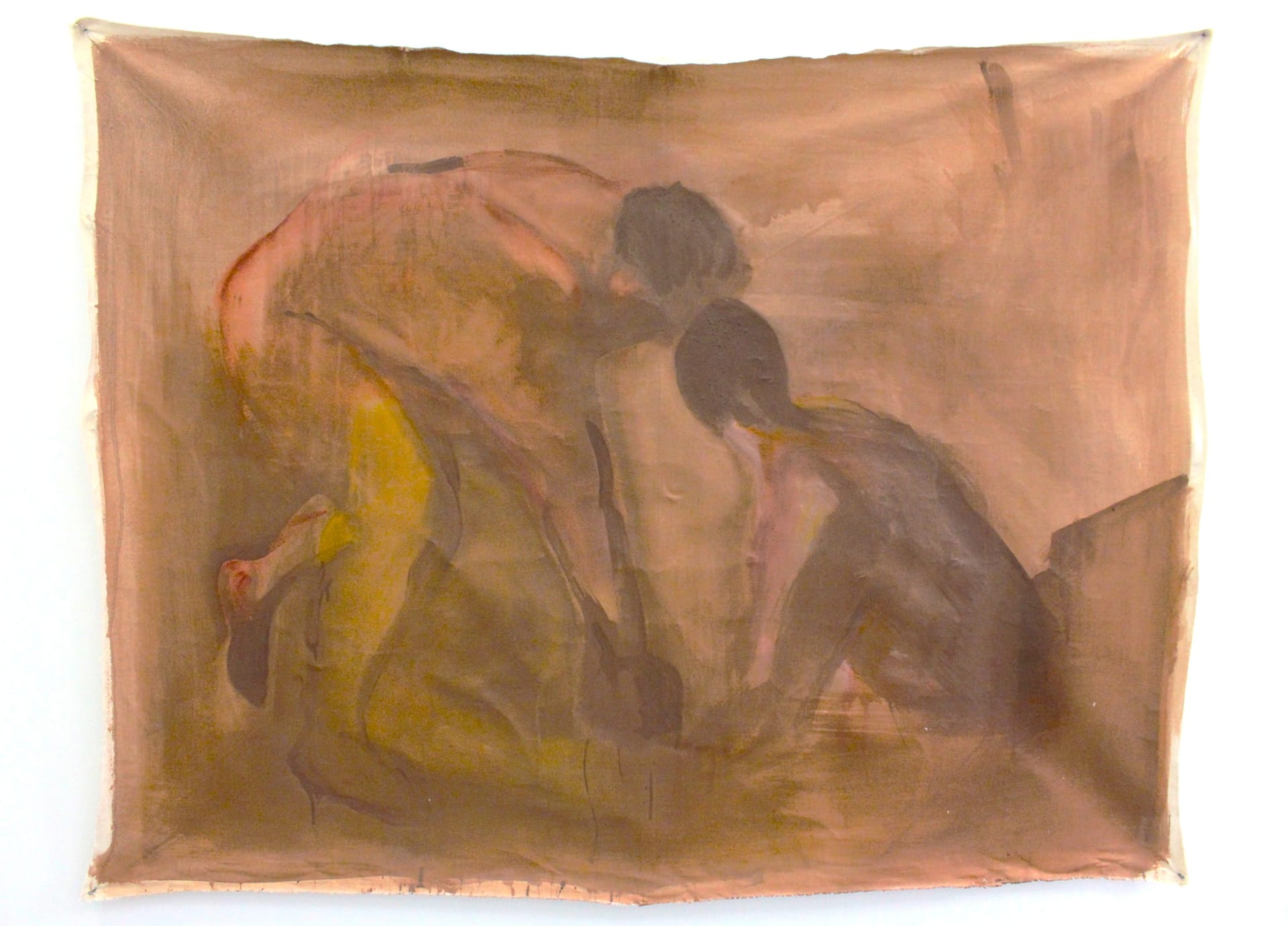 Painting of two figures, One standing and the other crouched down. Brown, terracotta clay paint, with touches of pick and yellow watercolour pigment.