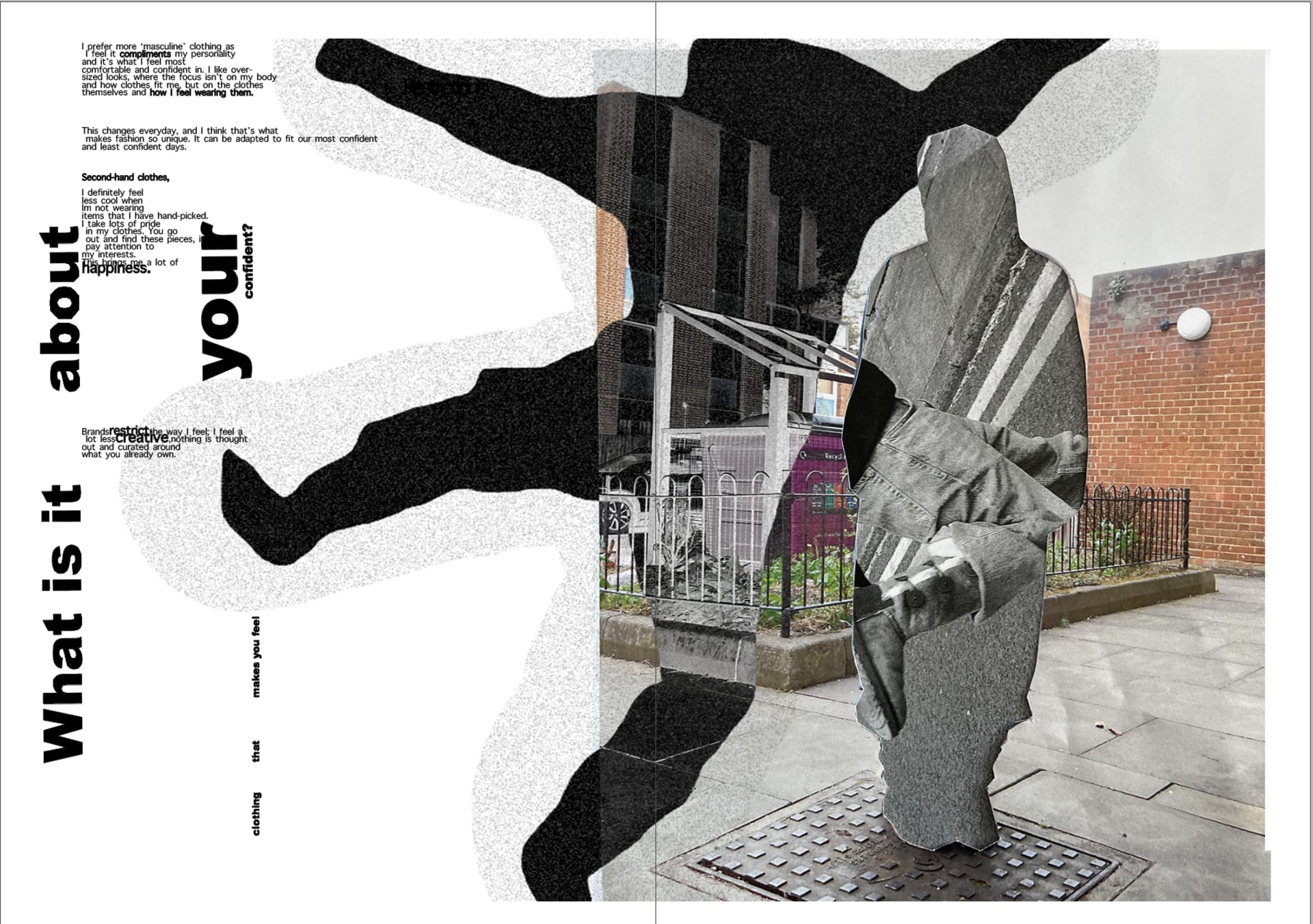 Zine page about "What is it about your clothing that makes you confident?" with collage in the middle of the page and a black silhouette.