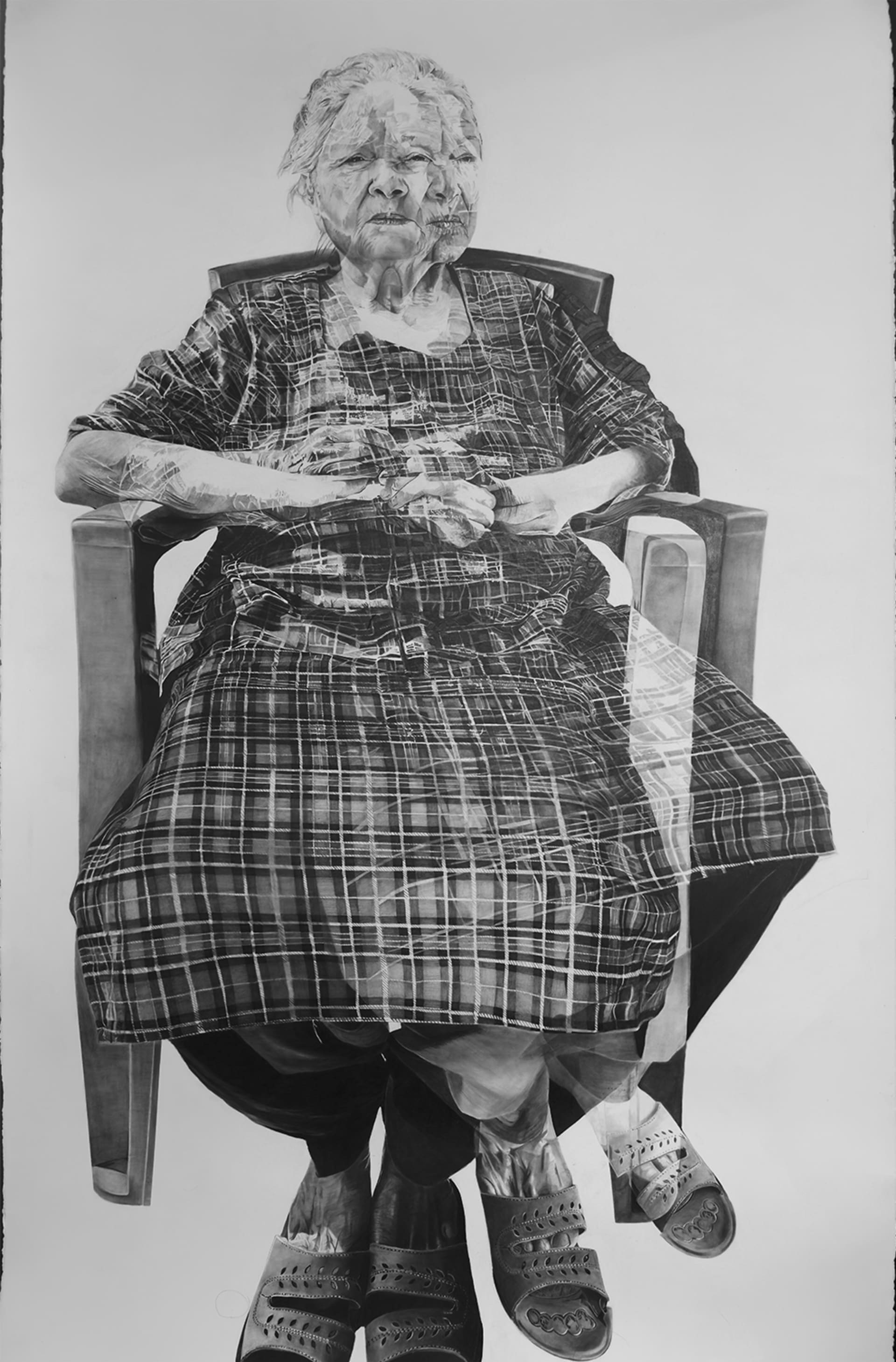 This artwork is a black-and-white drawing of an elderly woman seated in a chair, portrayed with striking realism. She wears a patterned, checkered dre