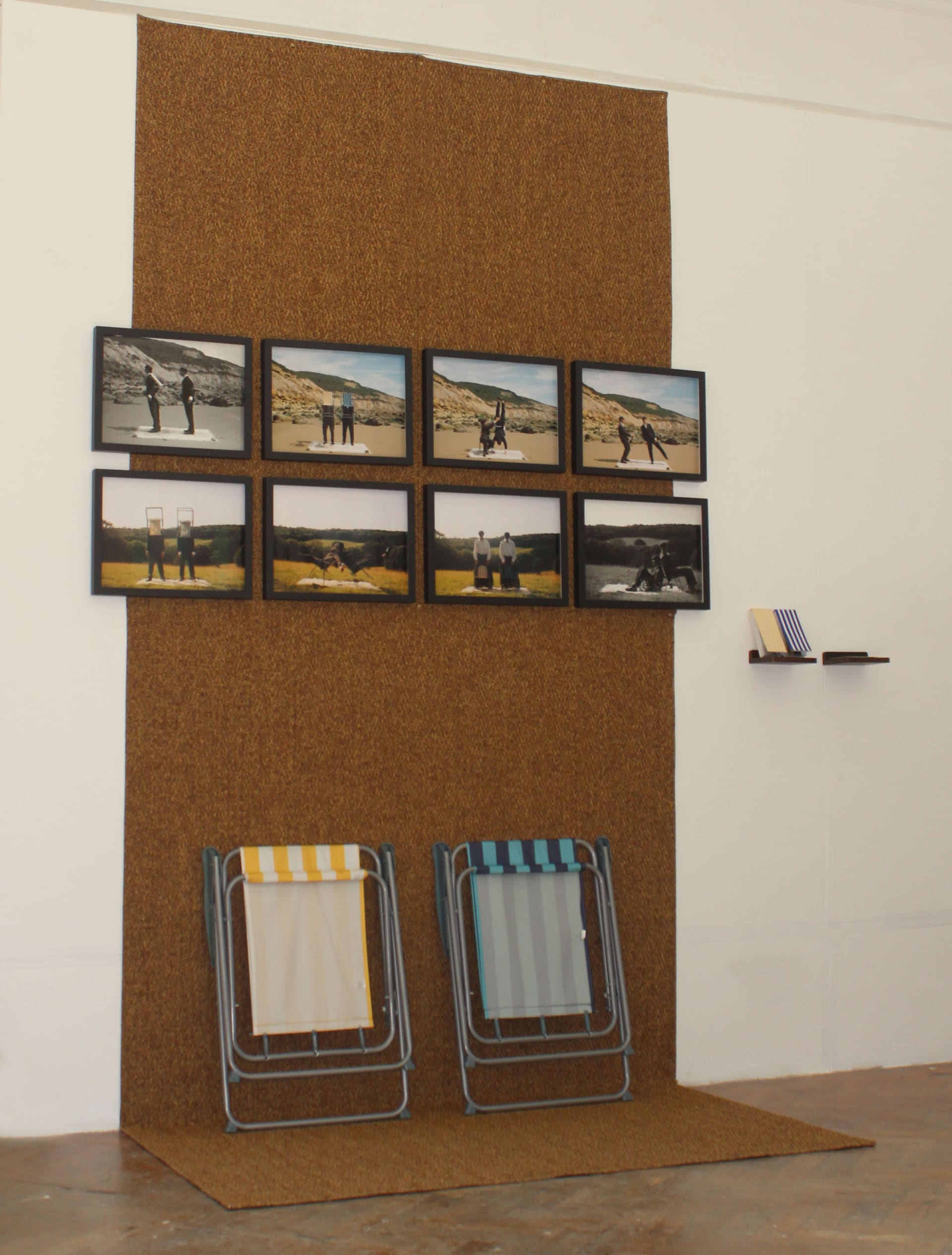 2 gelatin silver prints on fibre-based paper, 6 chromogenic prints framed, domestic rug, 2 deck chairs, 2 flip books.
