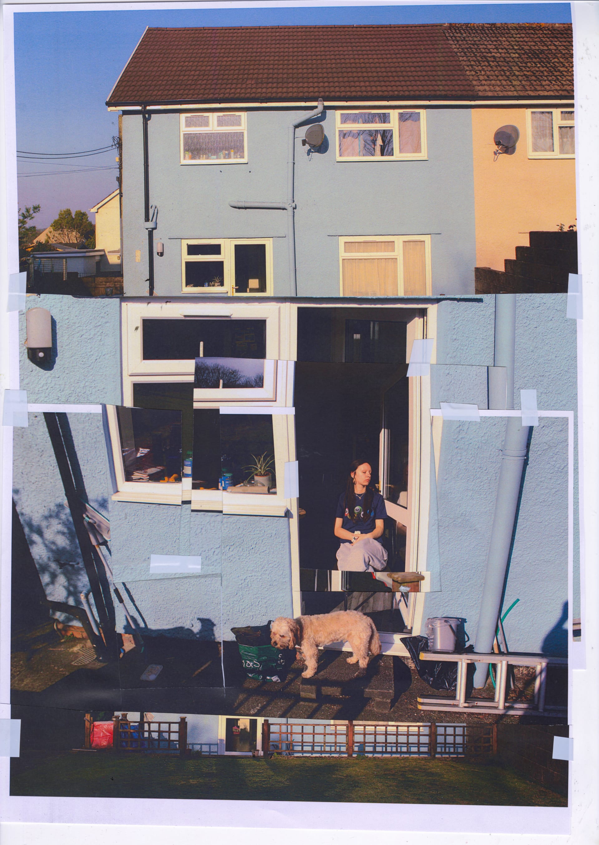 Collage of artist sitting proudly at home, made with found materials, visible tape, and rough edges to show a raw, DIY aesthetic.