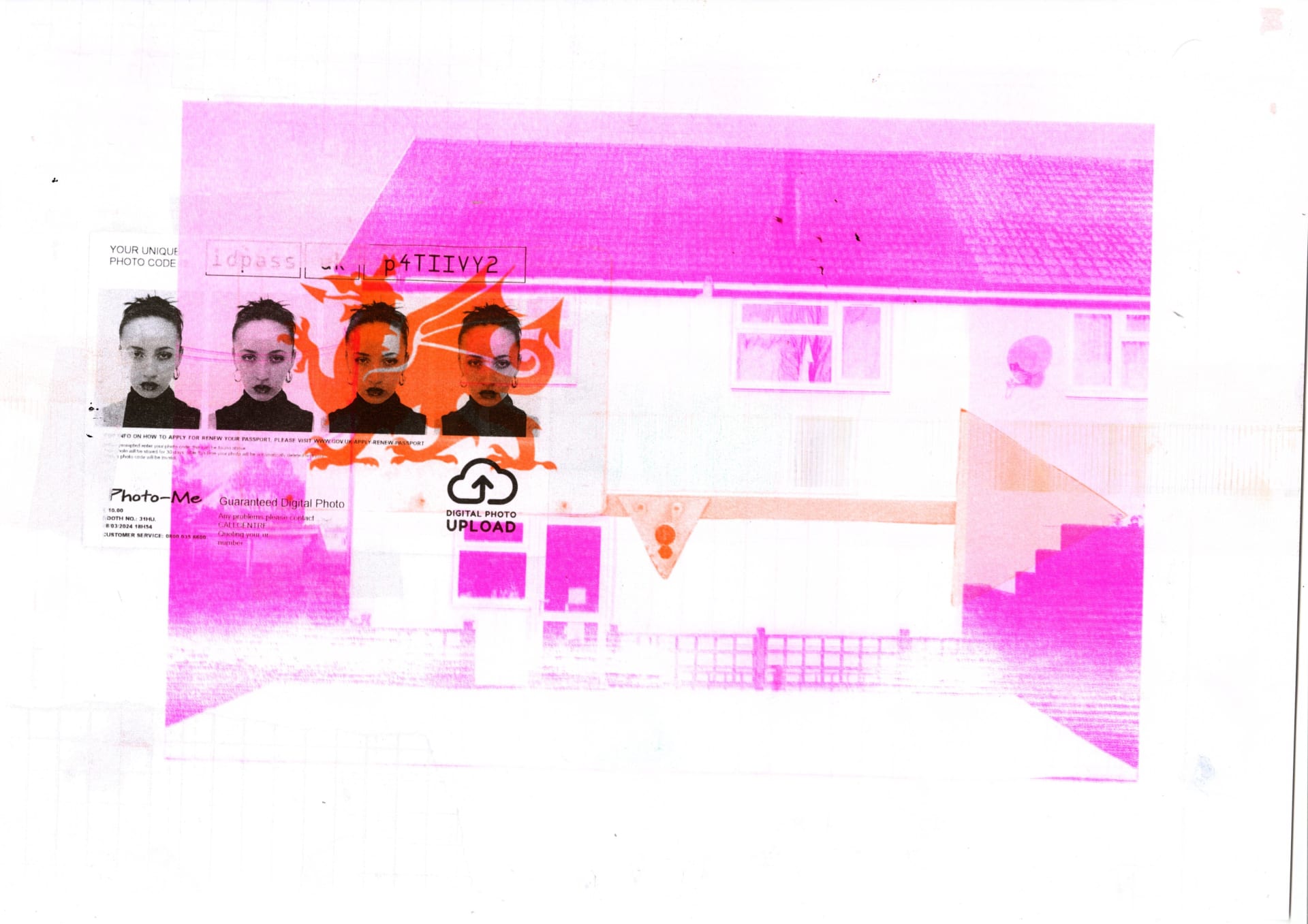 Riso print of the artist’s house with a passport photo and orange Welsh dragon, exploring class, place, and cultural identity.