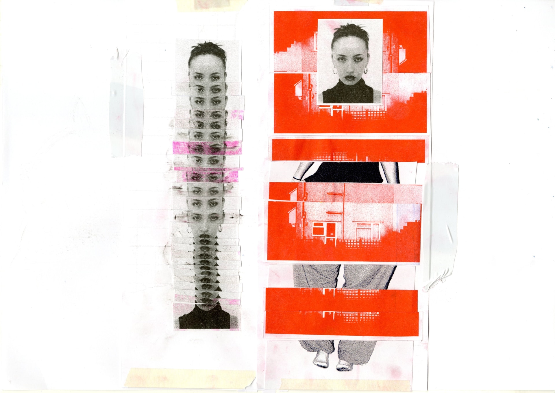 Spliced risograph print of the artist and their house in black, white, red, and pink, with ink smudges highlighting imperfection and identity.