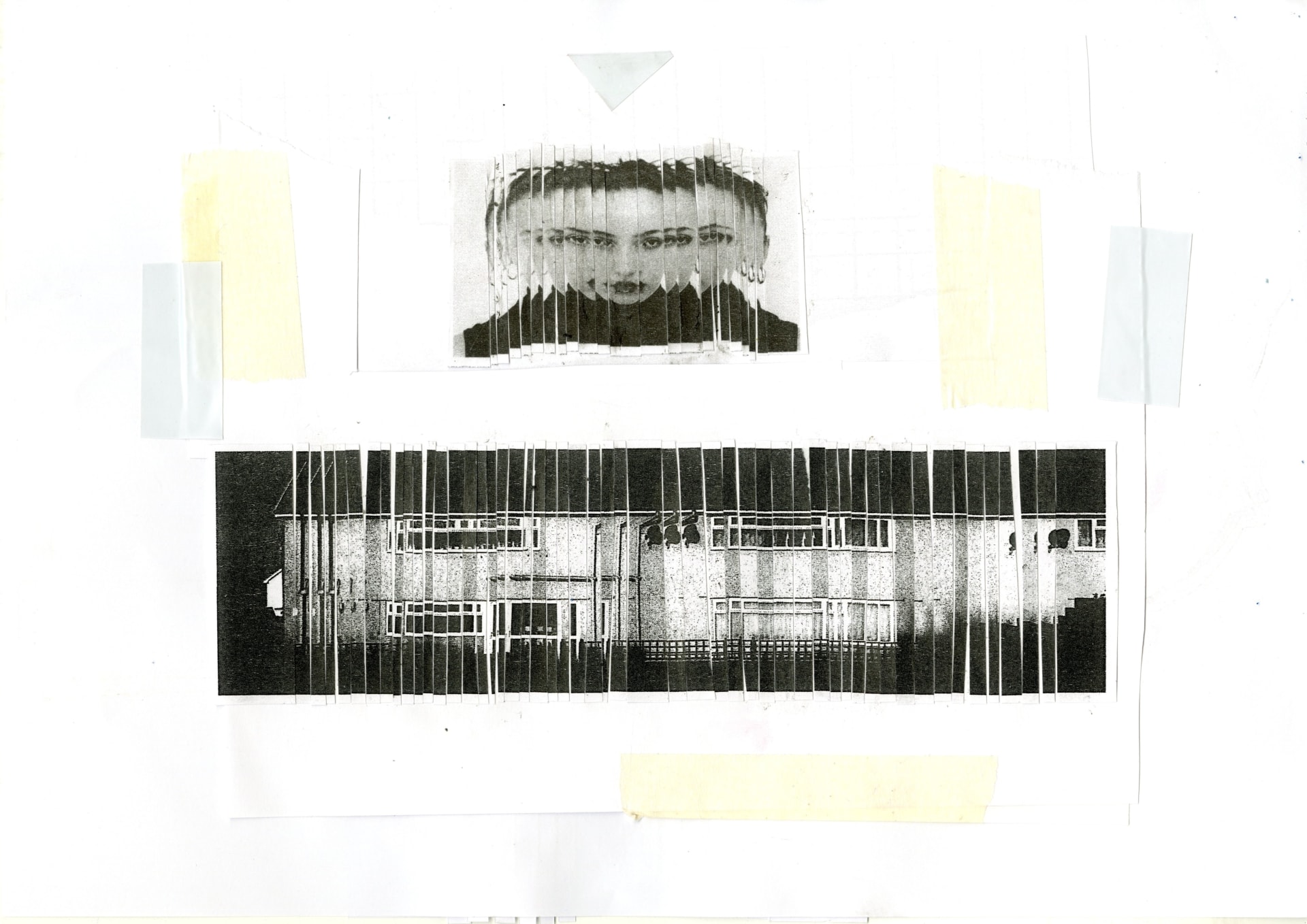 Horizontally distorted, spliced black-and-white risograph print of the artist’s headshot above a distorted image of their house, layered as a collage.