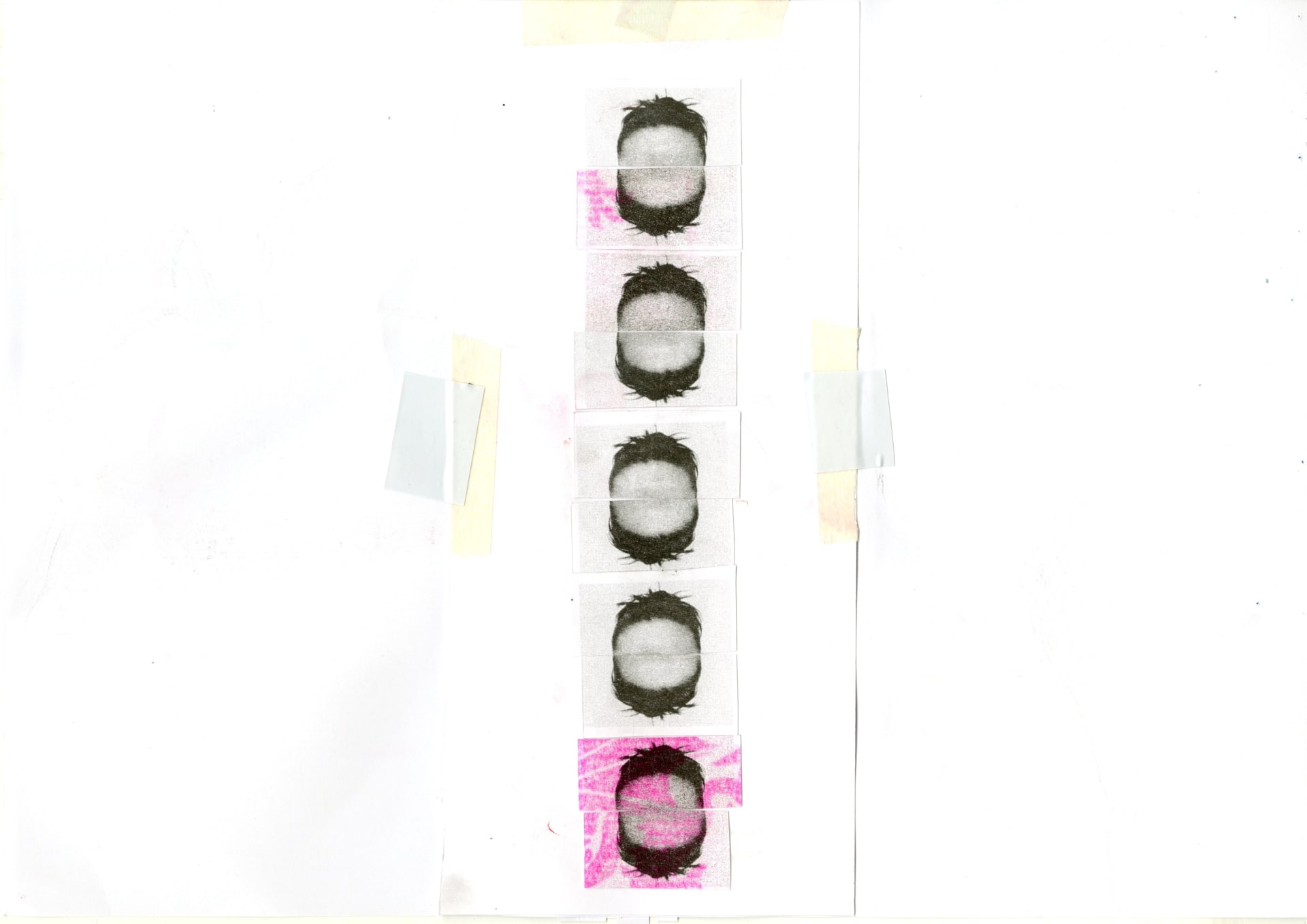 Collage of forehead sections in spherical shapes with pink ink, made from leftover risograph prints, reflecting identity and minimizing waste.
