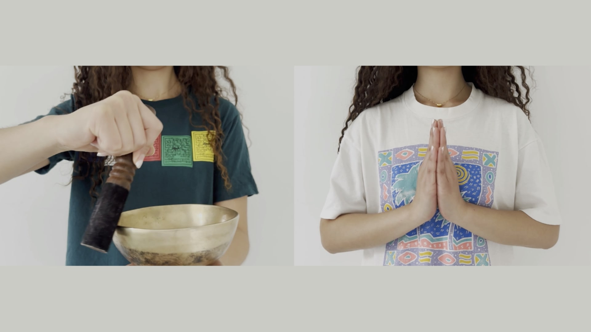 A still from my video with two channels - the left playing a brass sound bowl, the right with praying gesture