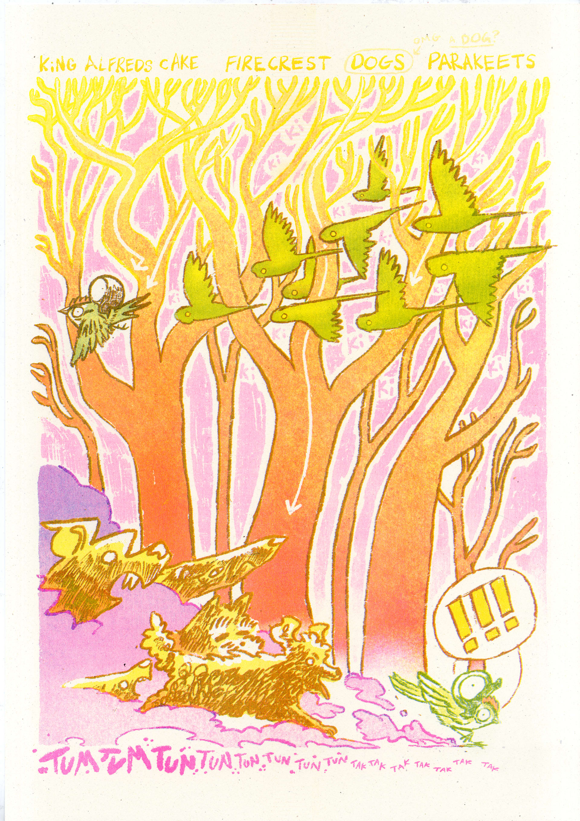 A scene showing a cartoon bird and fungus running away from parakeets and dogs in a dense woodland