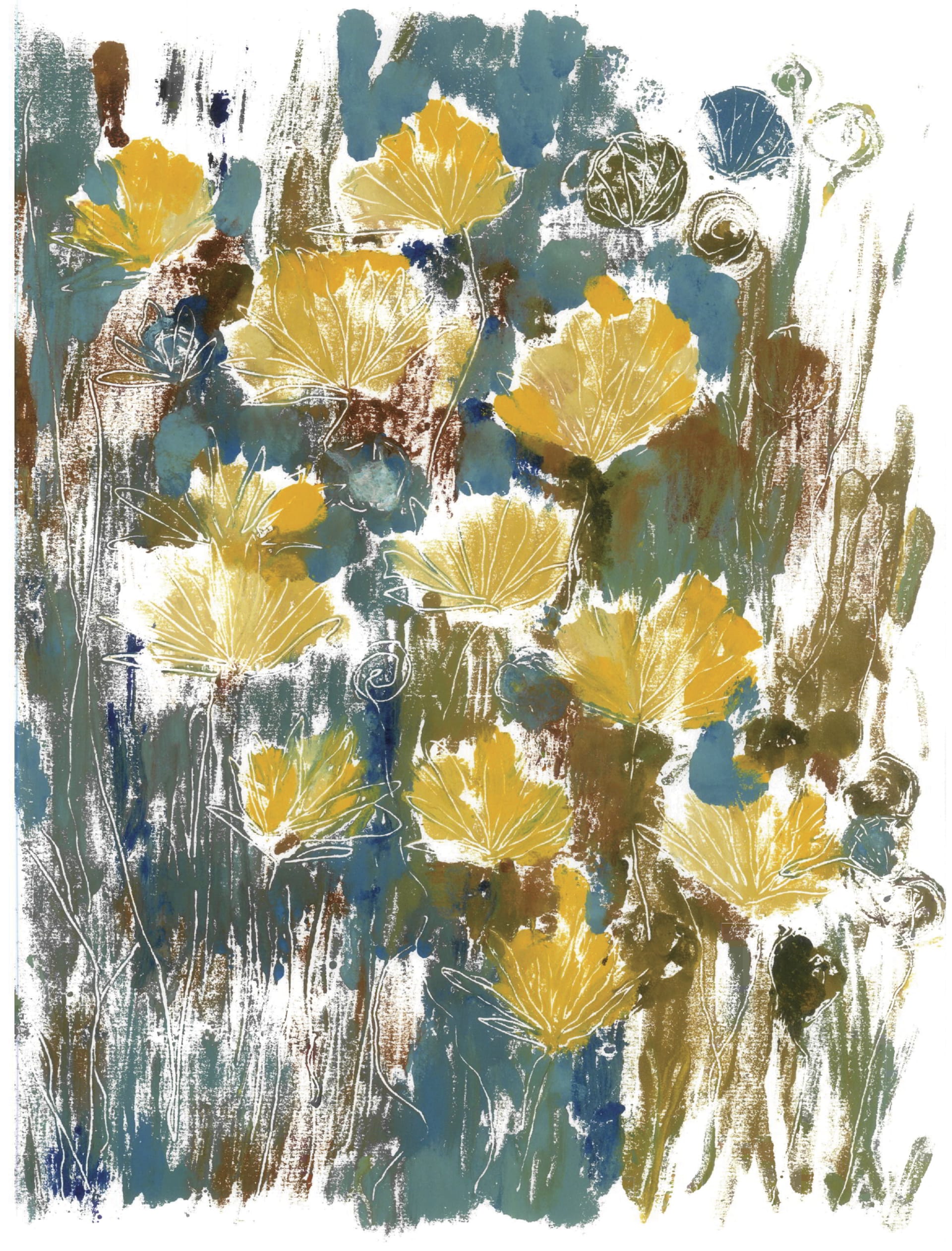 A textured monoprint of yellow dandelions against a blue, green, khaki background