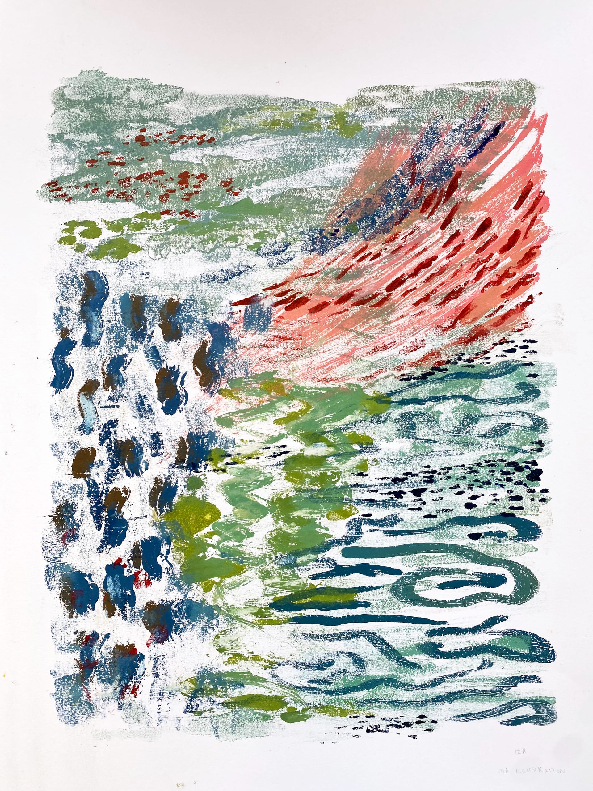 Monoprint of textures and patterns reflecting the movement of the water surface